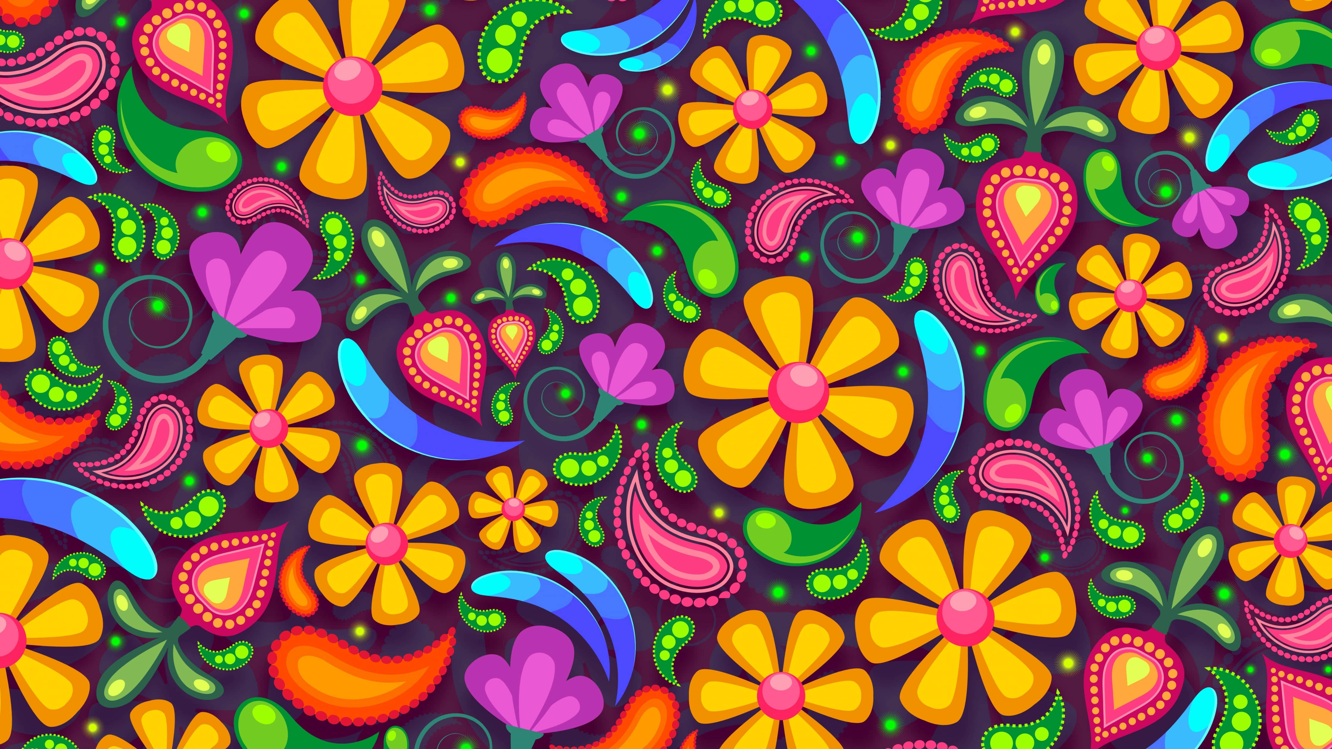 colorful pattern, neon hues, dark purple background, 4K Desktop Wallpaper