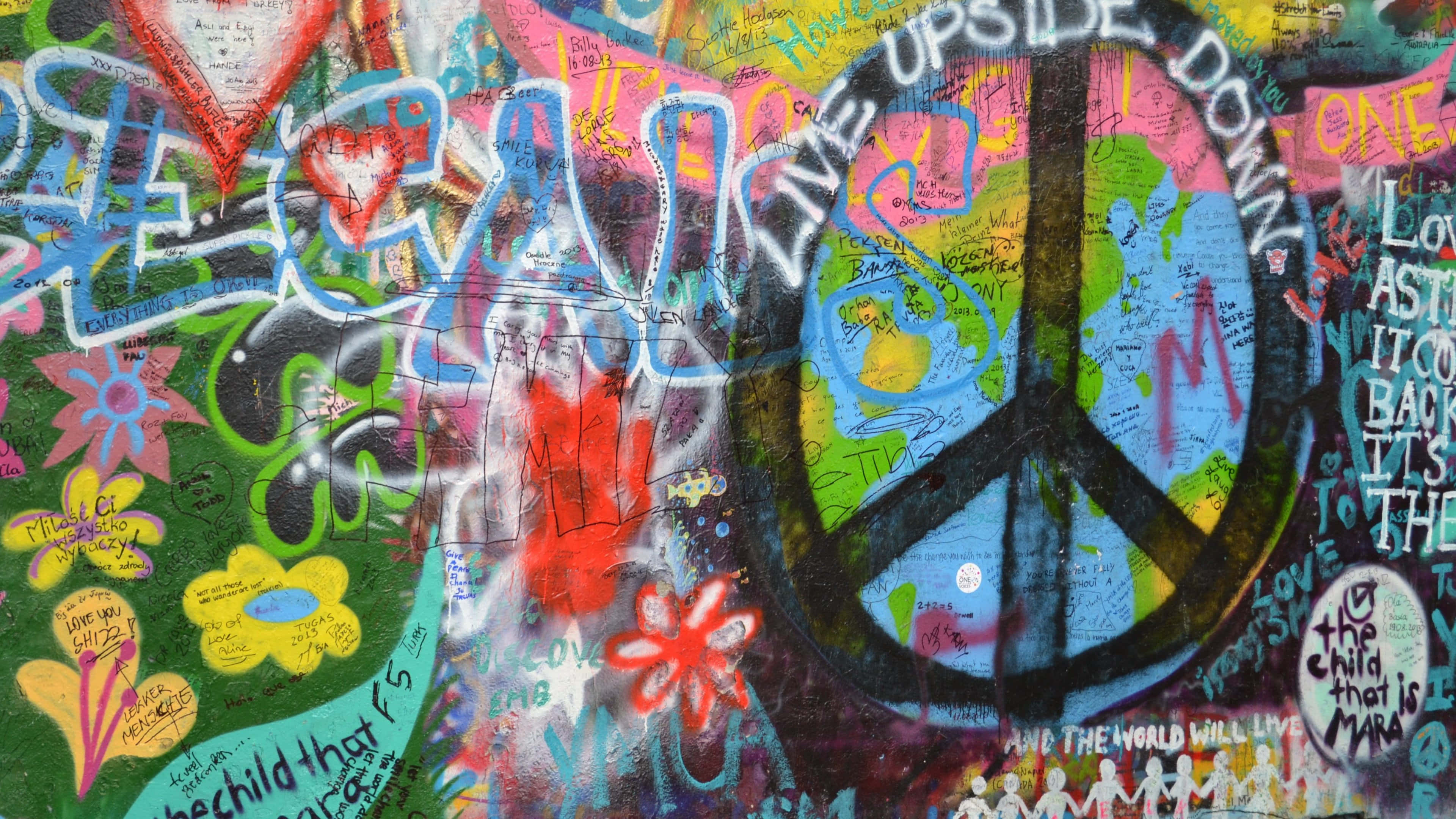 graffiti wall art, upside-down peace symbol, colorful tags, 4K Desktop Wallpaper