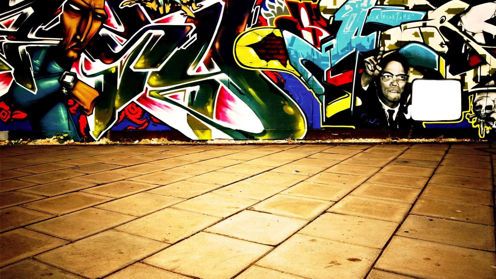 graffiti wall art, concrete wall, sunlit tiled pavement, Full HD Desktop Wallpaper