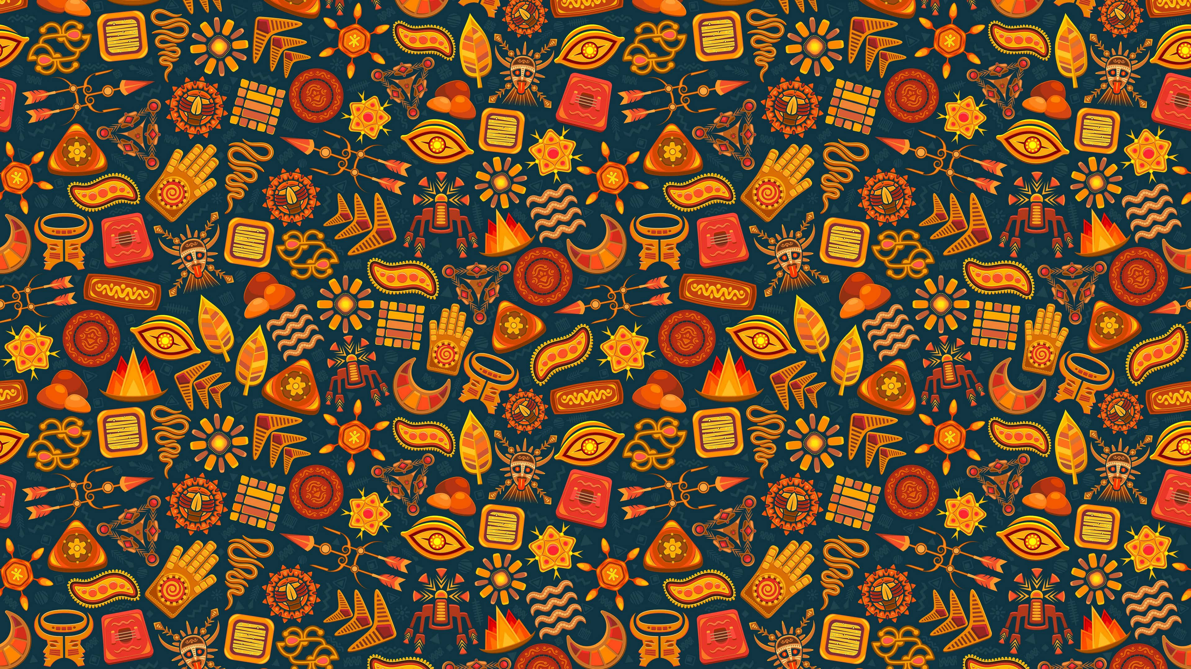 colorful pattern, vibrant orange, red tribal symbols, 4K Desktop Wallpaper