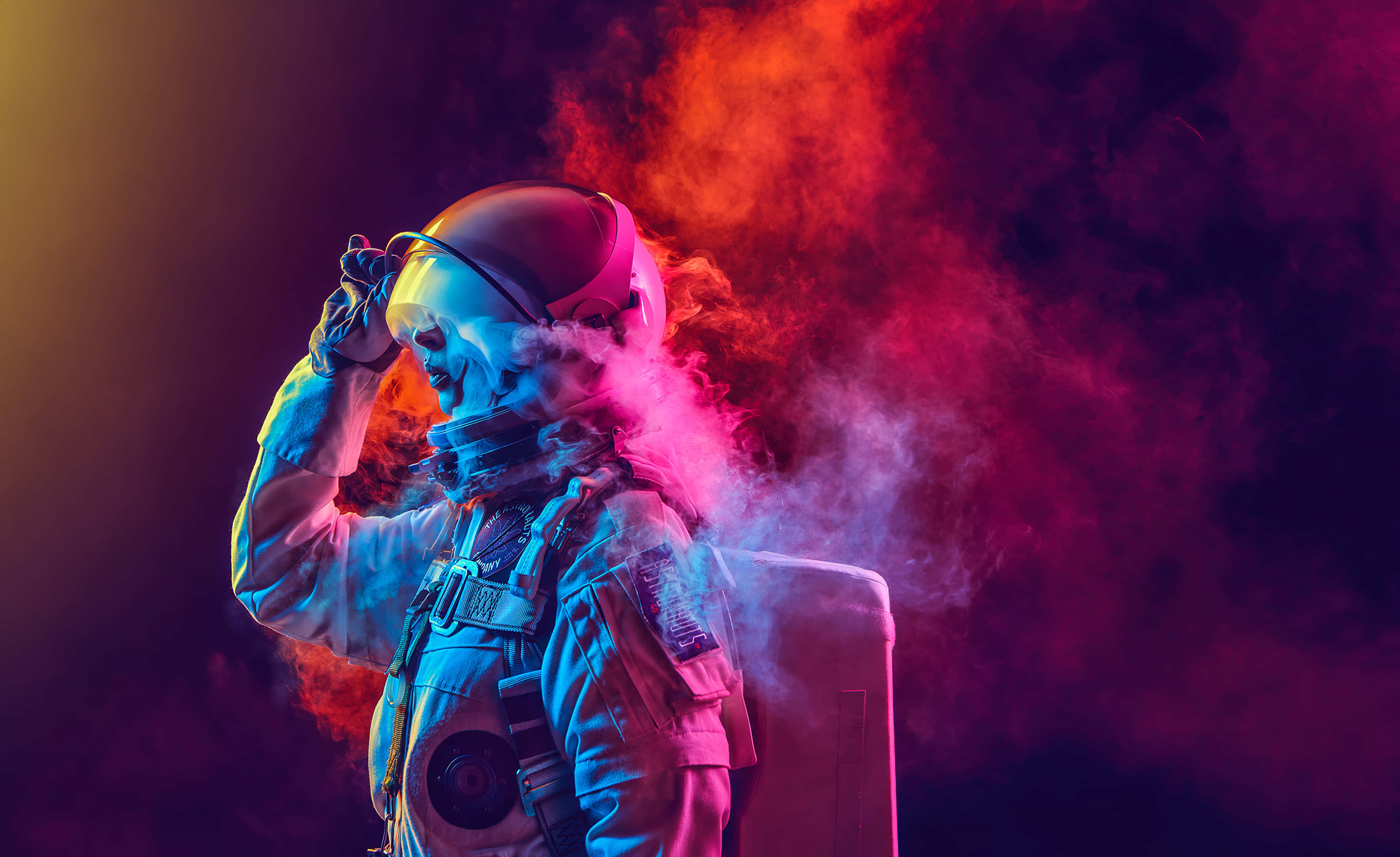 colorful smoke, neon suit, red and blue smoke, 4K Desktop Wallpaper