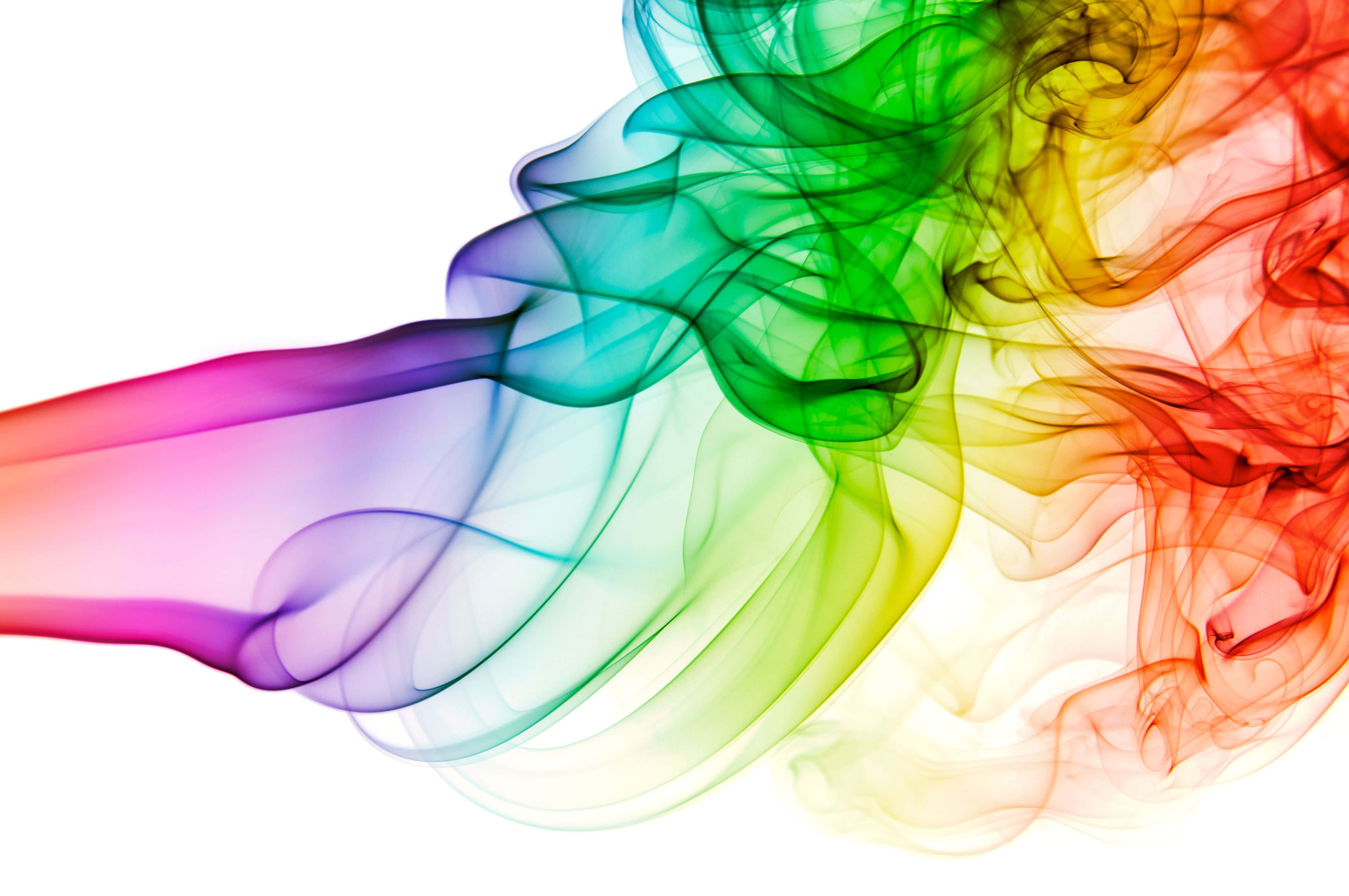 rainbow colored smoke, stark white background, fluid abstract composition, 4K Desktop Wallpaper