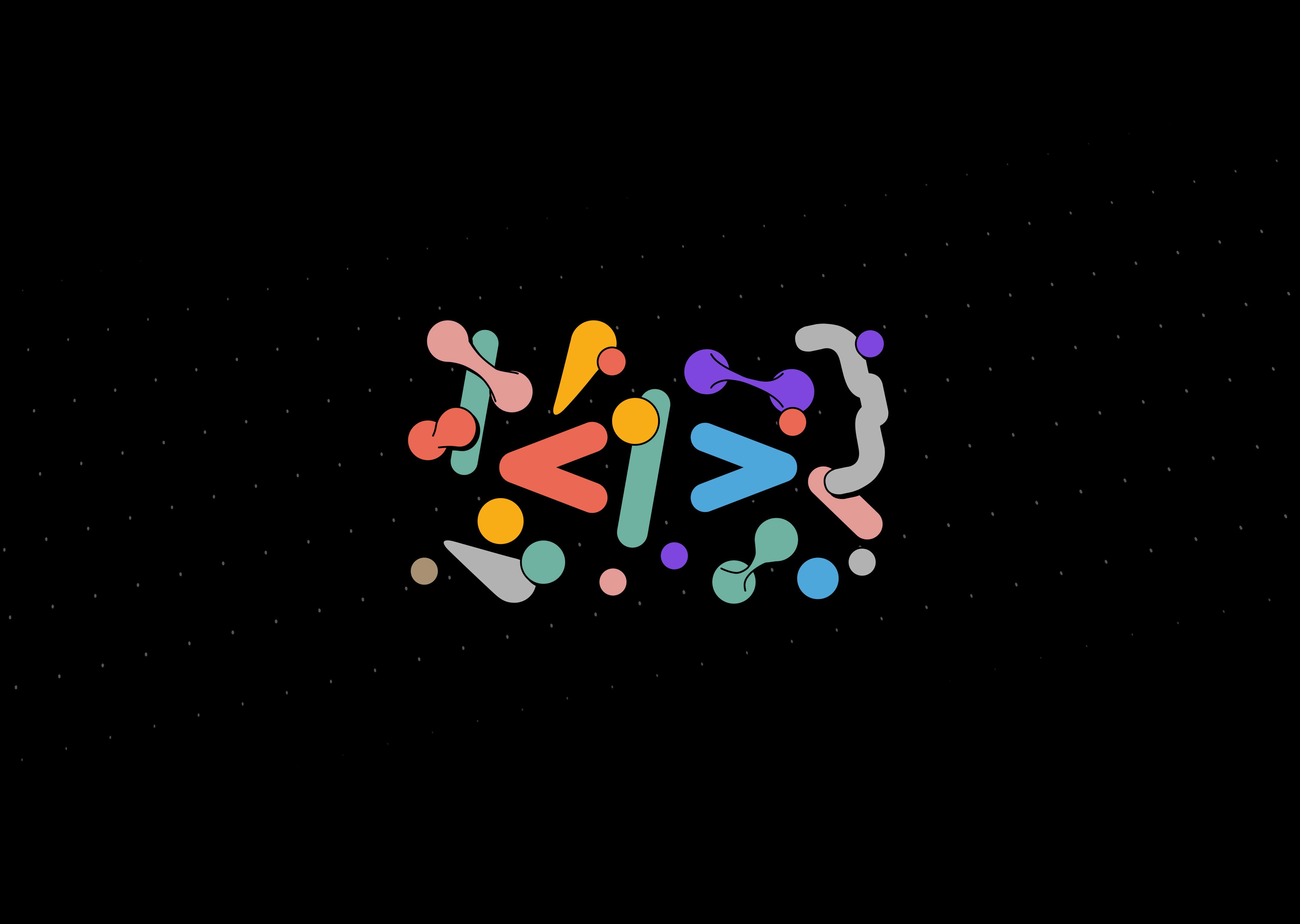 abstract shapes, coding brackets, starry black background, 4K Desktop Wallpaper
