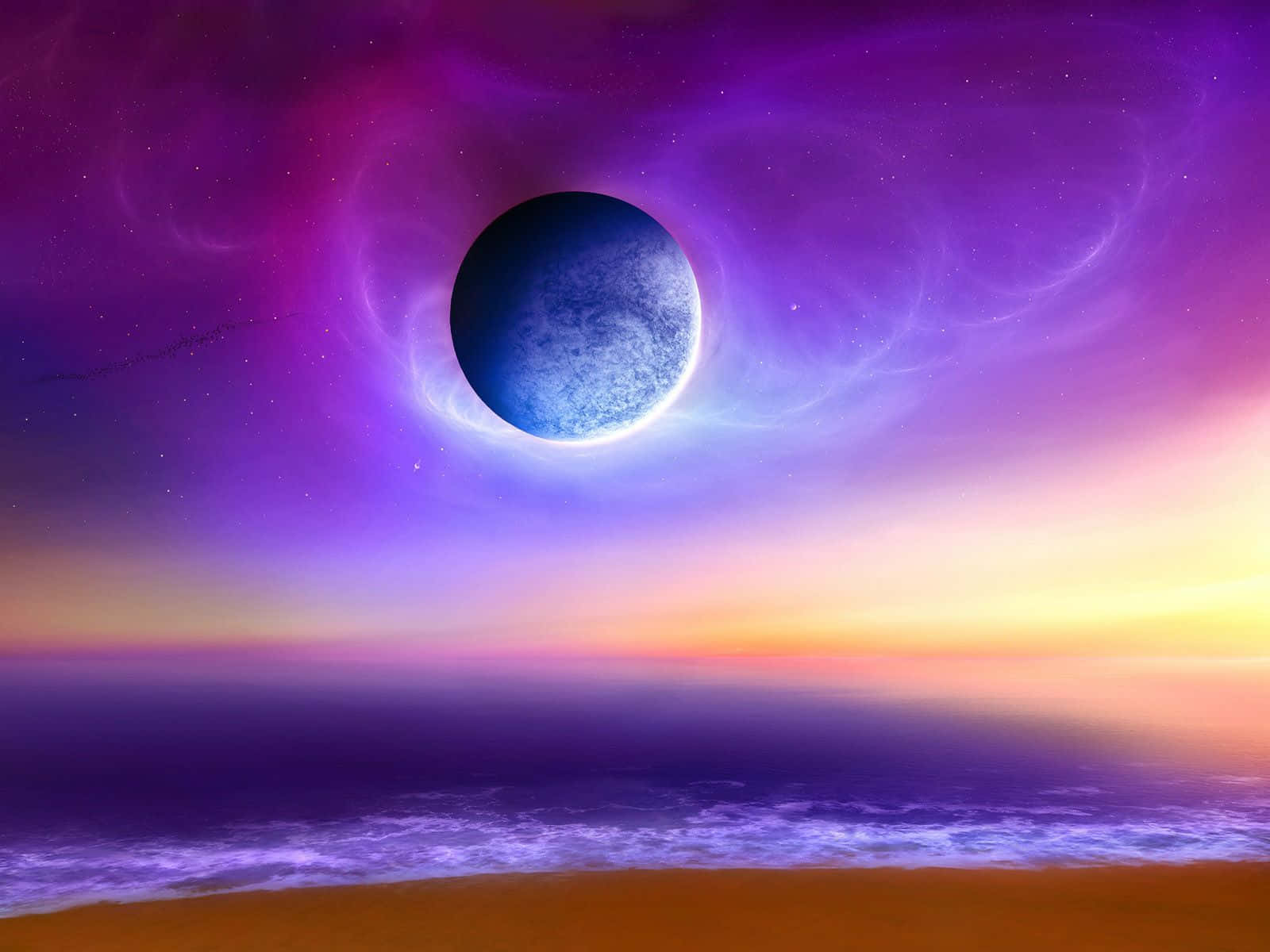 colorful space, glowing blue planet, vibrant purple and orange sky, HD Desktop Wallpaper