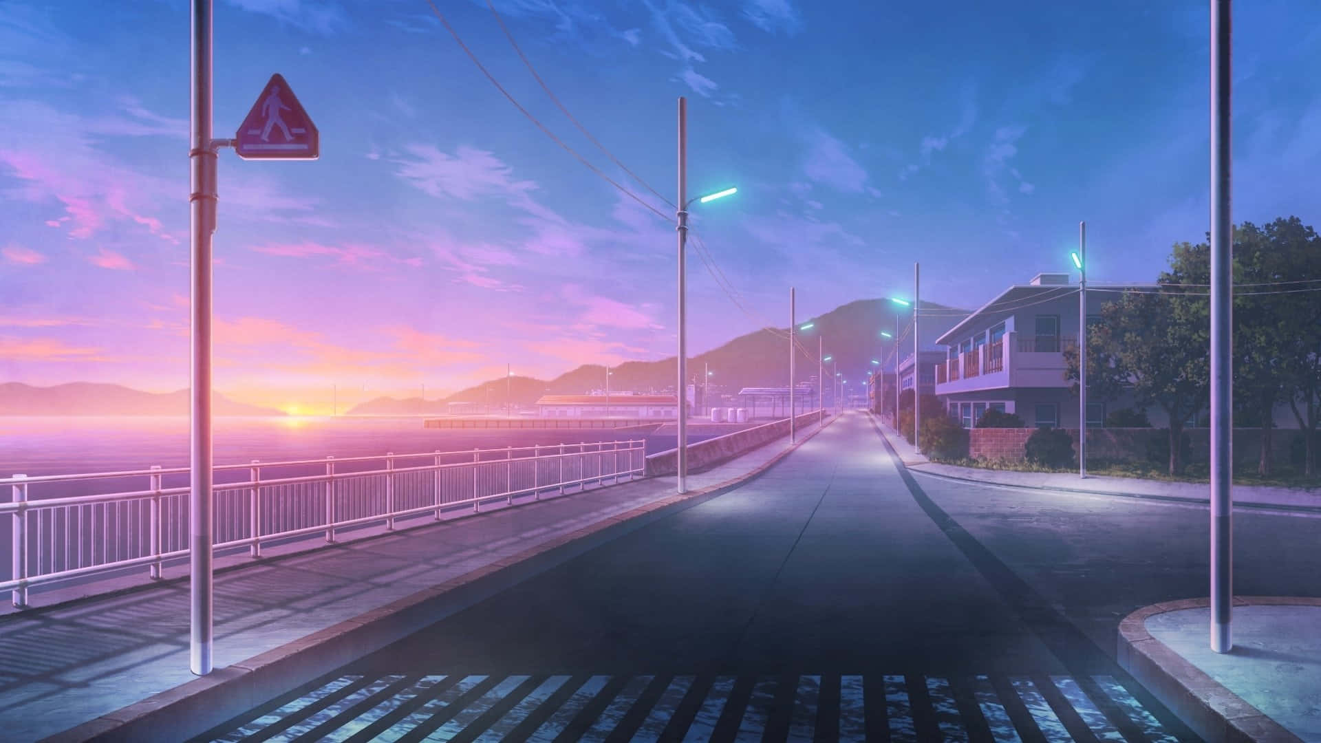 blue and purple sunset, anime-style, coastal road, Full HD Desktop Wallpaper