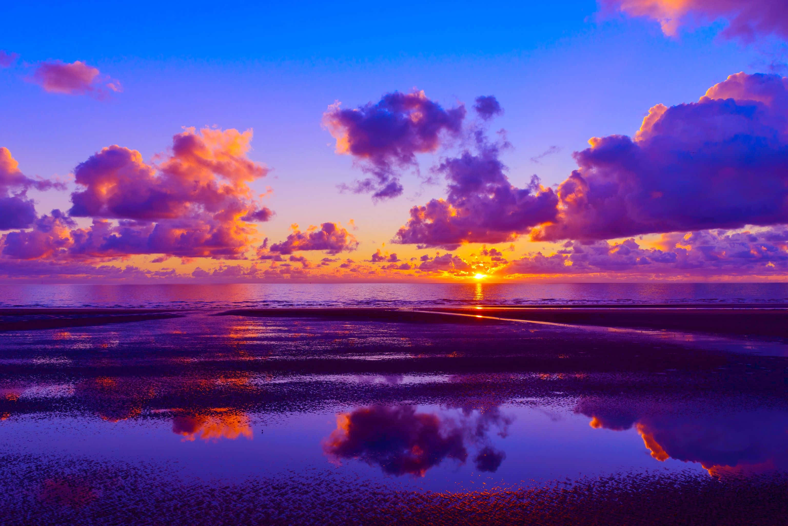 Colorful Sunset, vibrant purple orange and blue clouds, wet beach, 2K Desktop Wallpaper