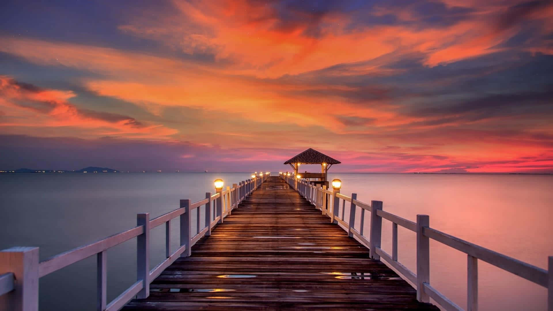 Colorful Sunset, wooden pier, calm waters, Full HD Desktop Wallpaper