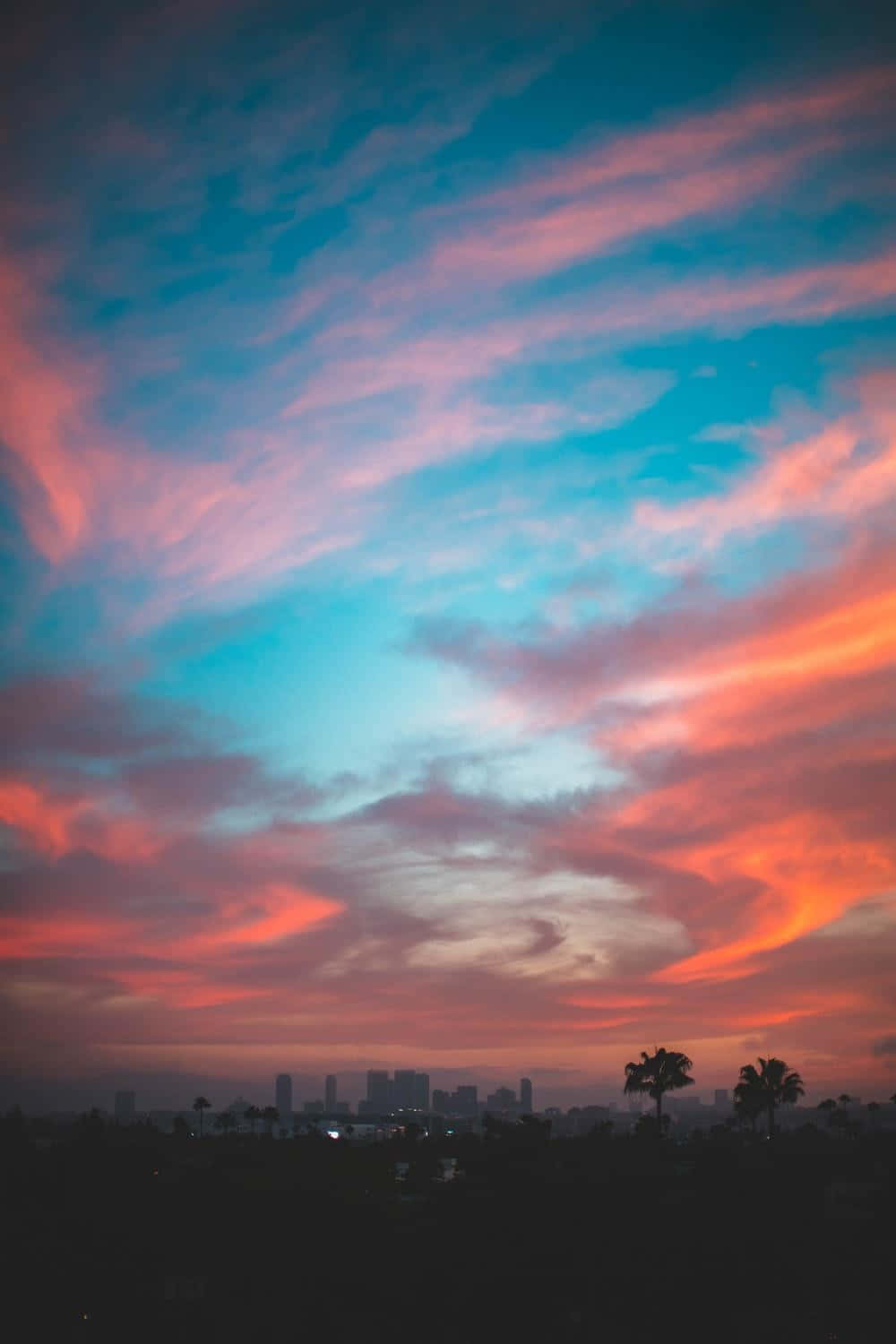 Colorful Sunset, pink orange and blue clouds, city skyline, HD Phone Wallpaper