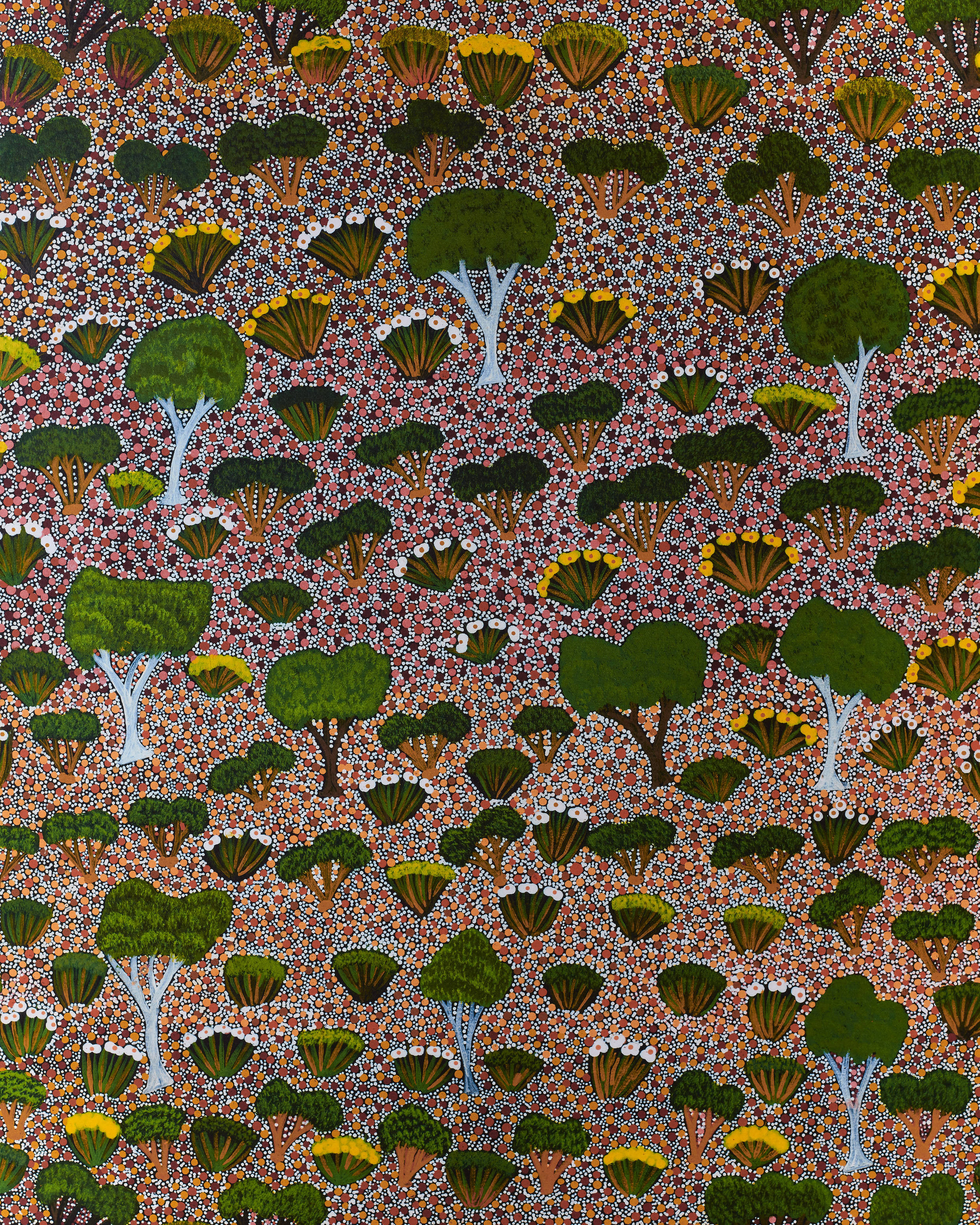 indigenous trees and bushes, dot-painted, green trees, 2K Phone Wallpaper