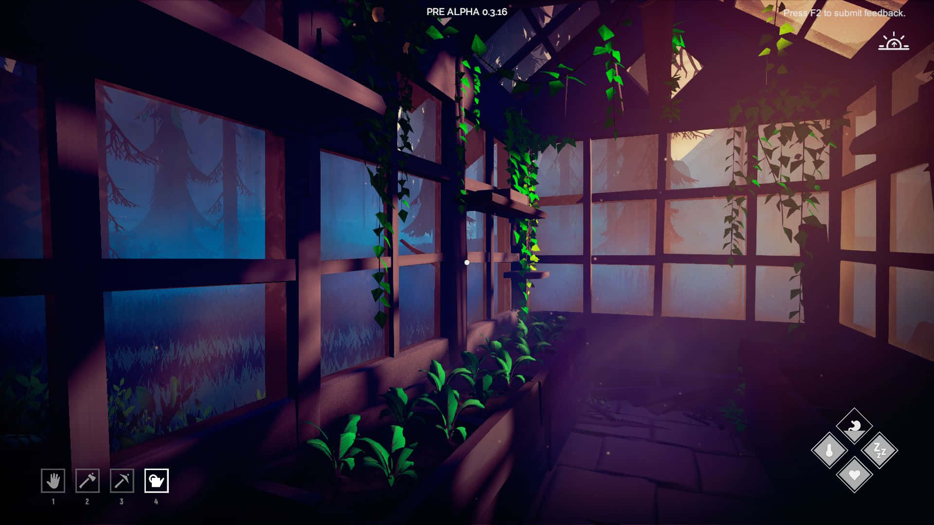 wooden greenhouse, glowing green vines, misty forest, Full HD Desktop Wallpaper