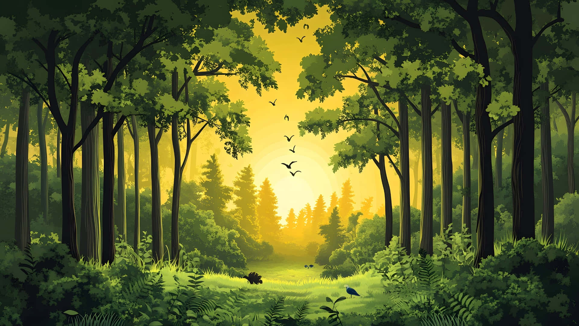 enchanted cartoon forest, sunlight, tall trees, Full HD Desktop Wallpaper