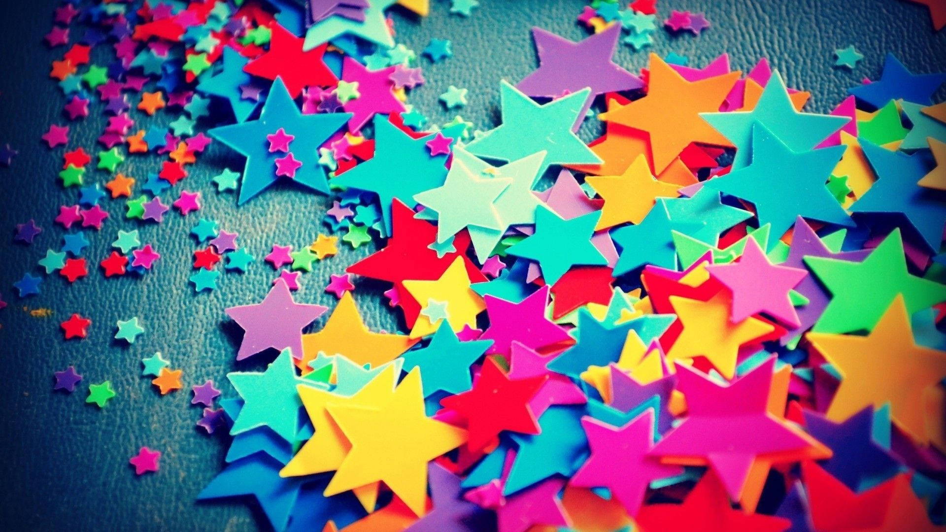 confetti stars, multicolored paper stars, dark blue surface, Full HD Desktop Wallpaper