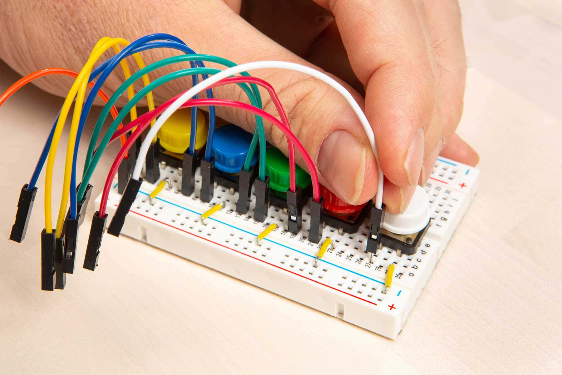 white breadboard, colorful jumper wires, three colored push buttons, HD Desktop Wallpaper