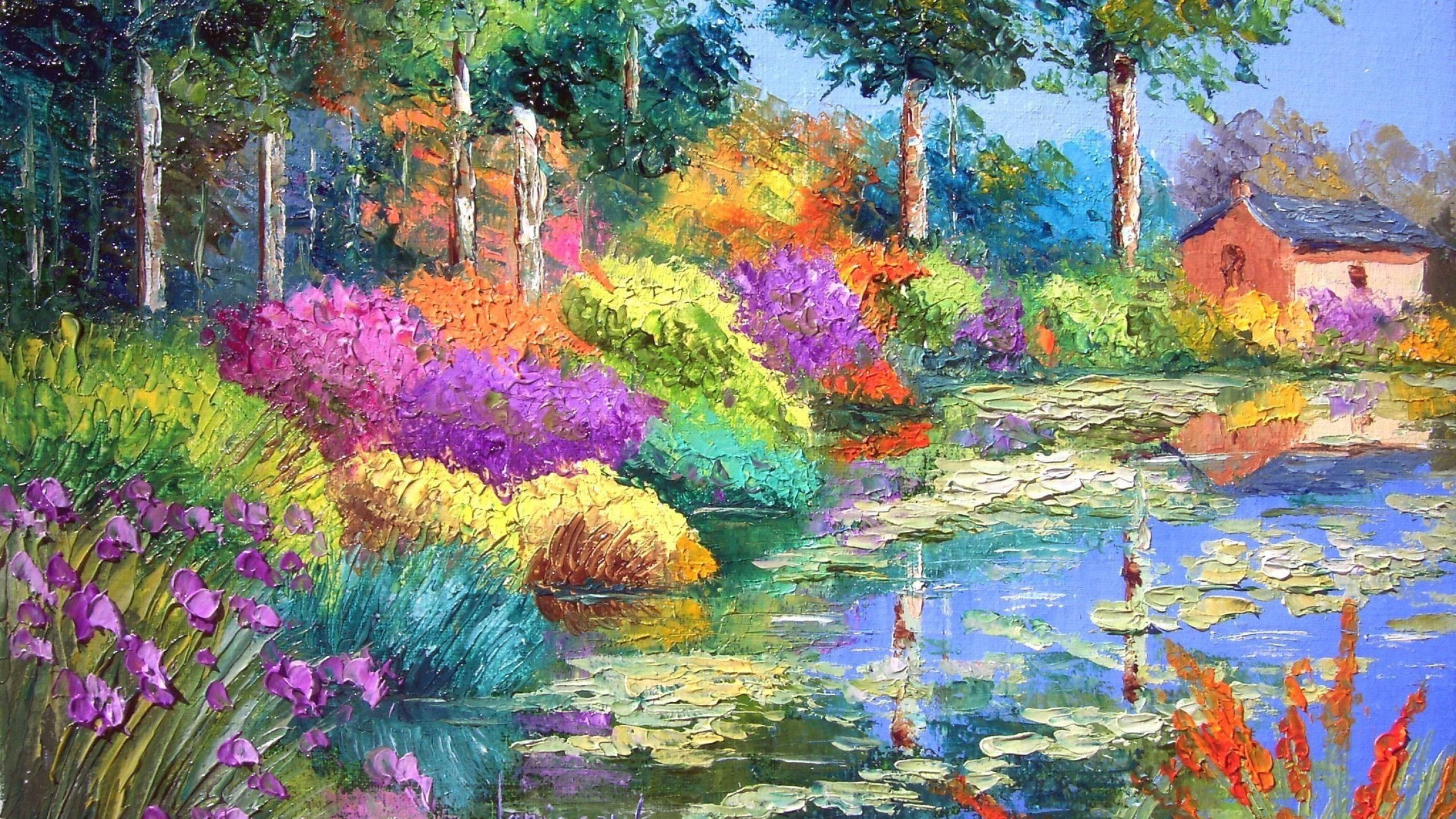 garden pond, sunlit, colorful flowers, 2K Desktop Wallpaper
