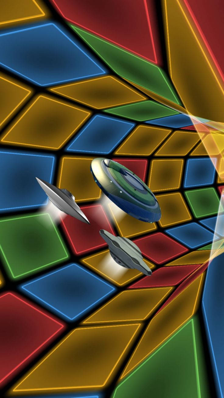 3D Phone UFOs, colorful tiles tunnel, glowing multicolored panels, HD Phone Wallpaper