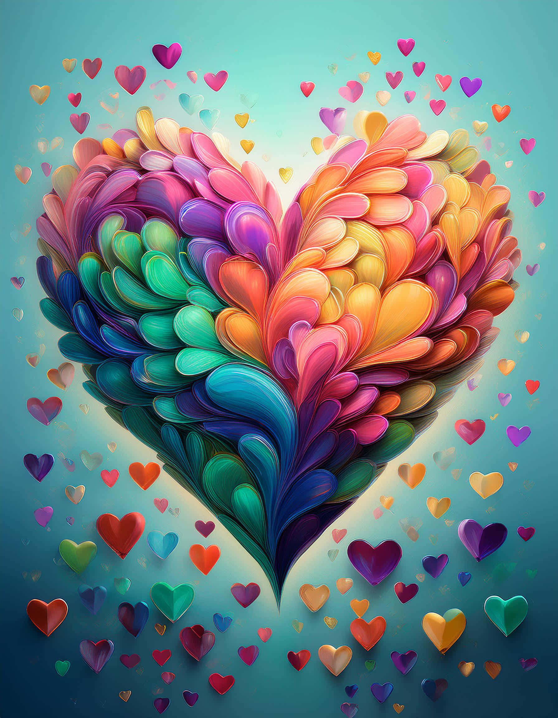 colorful hearts, layered colorful petals, smaller hearts, Full HD Phone Wallpaper