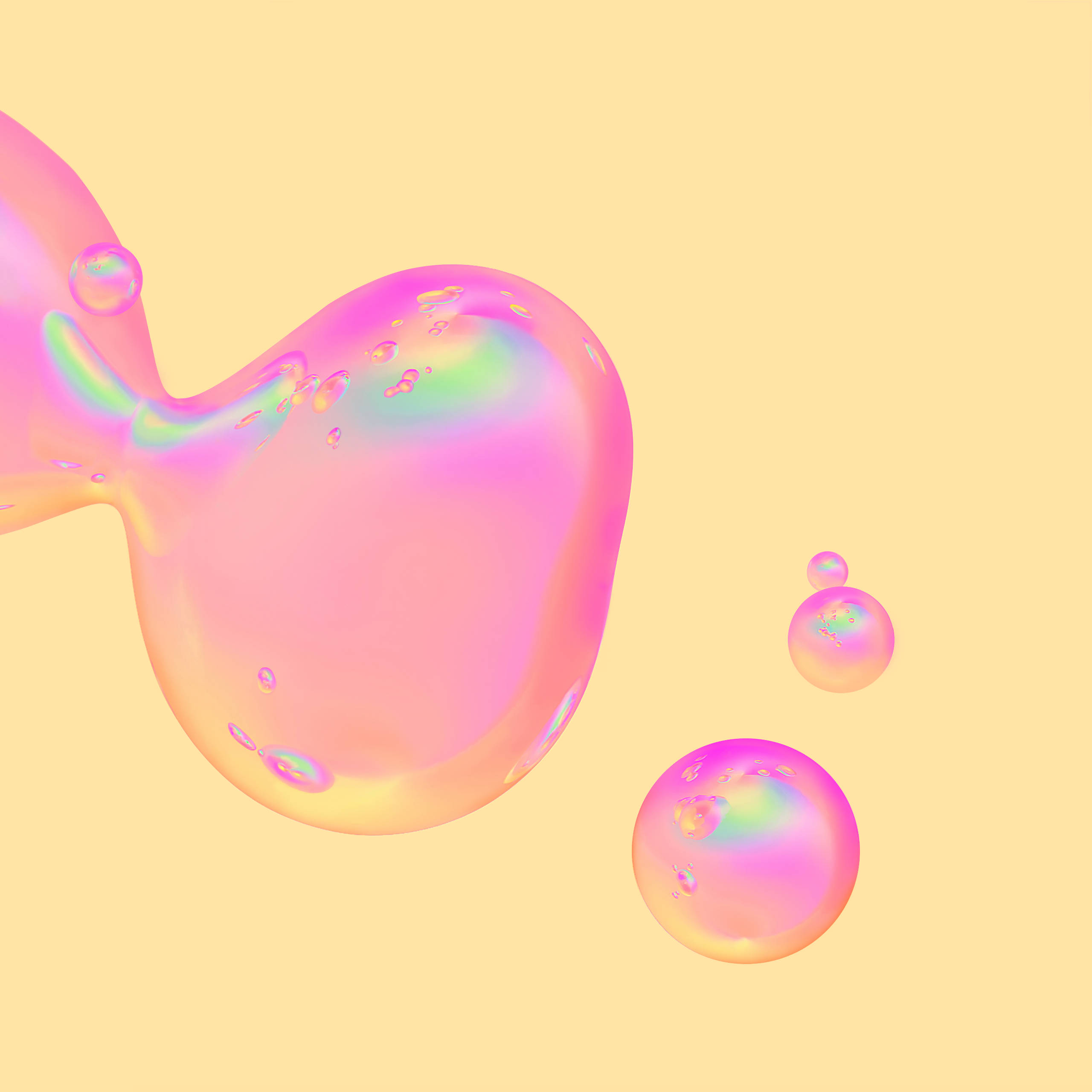 Pink Bubbles Samsung Galaxy Tablet, glossy iridescent pink, soft yellow background, 2K Desktop Wallpaper