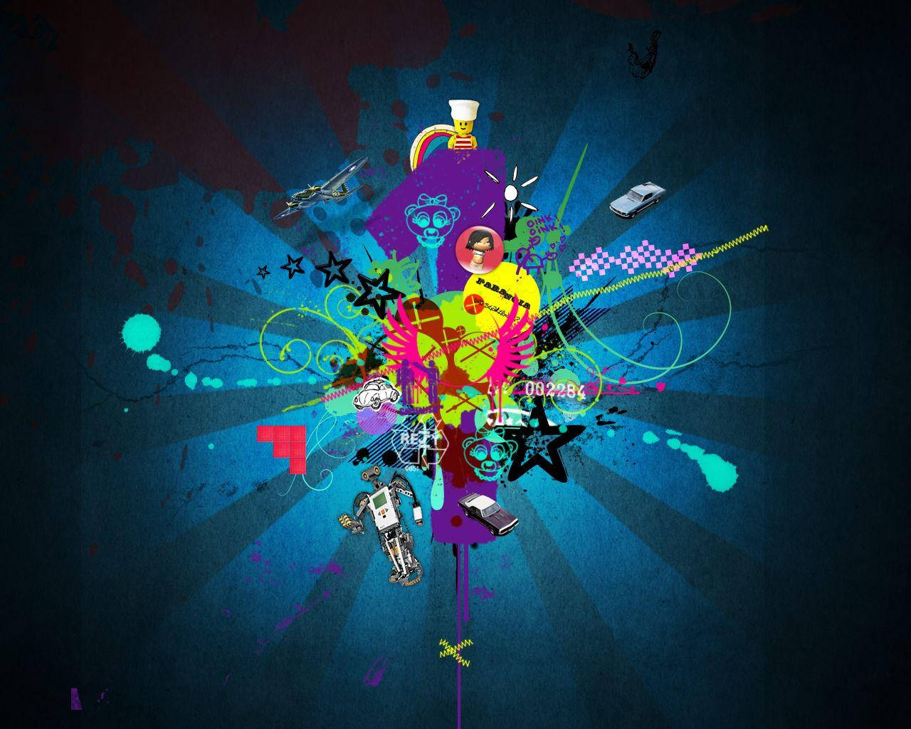 colorful graffiti elements, cars, cartoon characters, HD Desktop Wallpaper