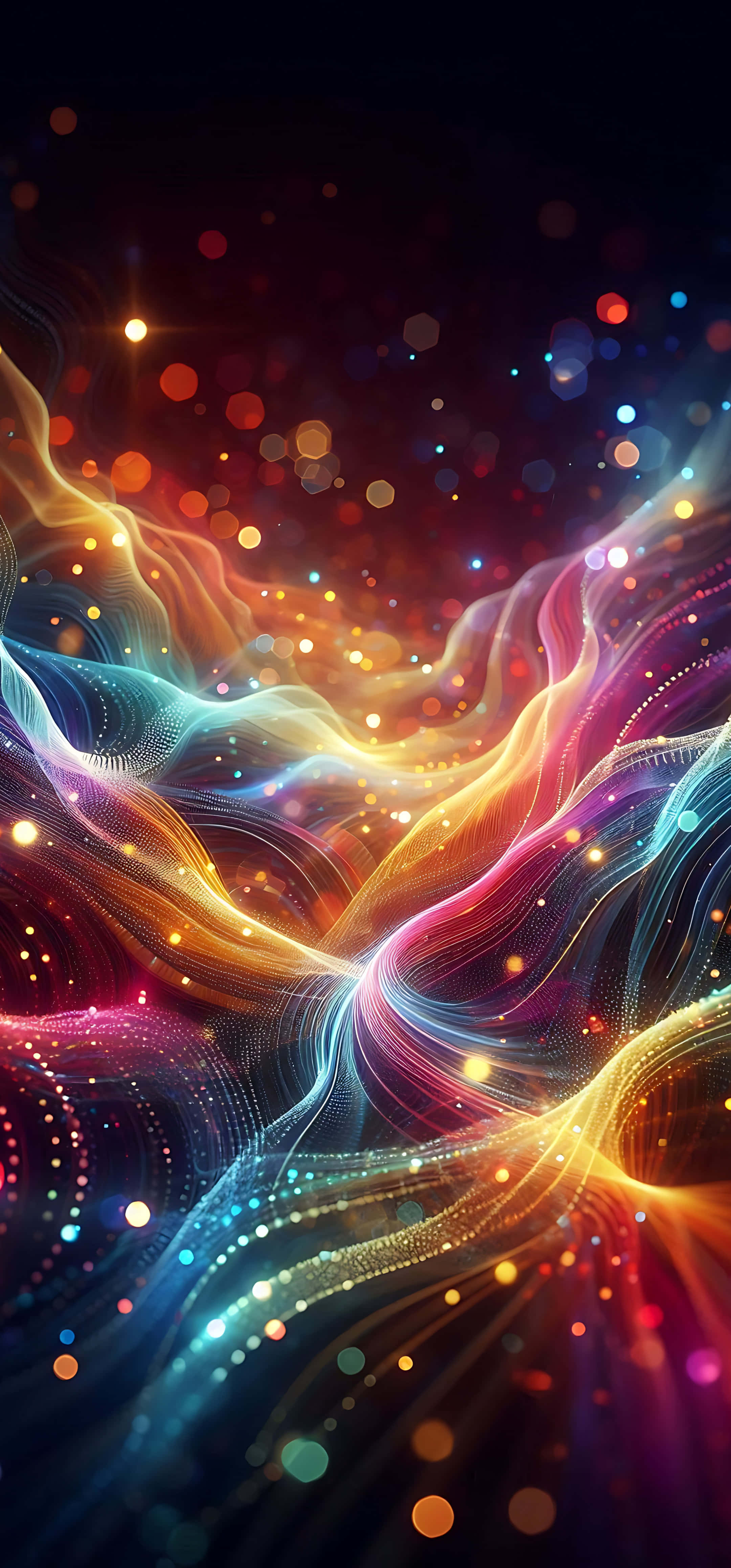 neon ribbons, dark cosmic void, glowing bokeh lights, 4K Phone Wallpaper