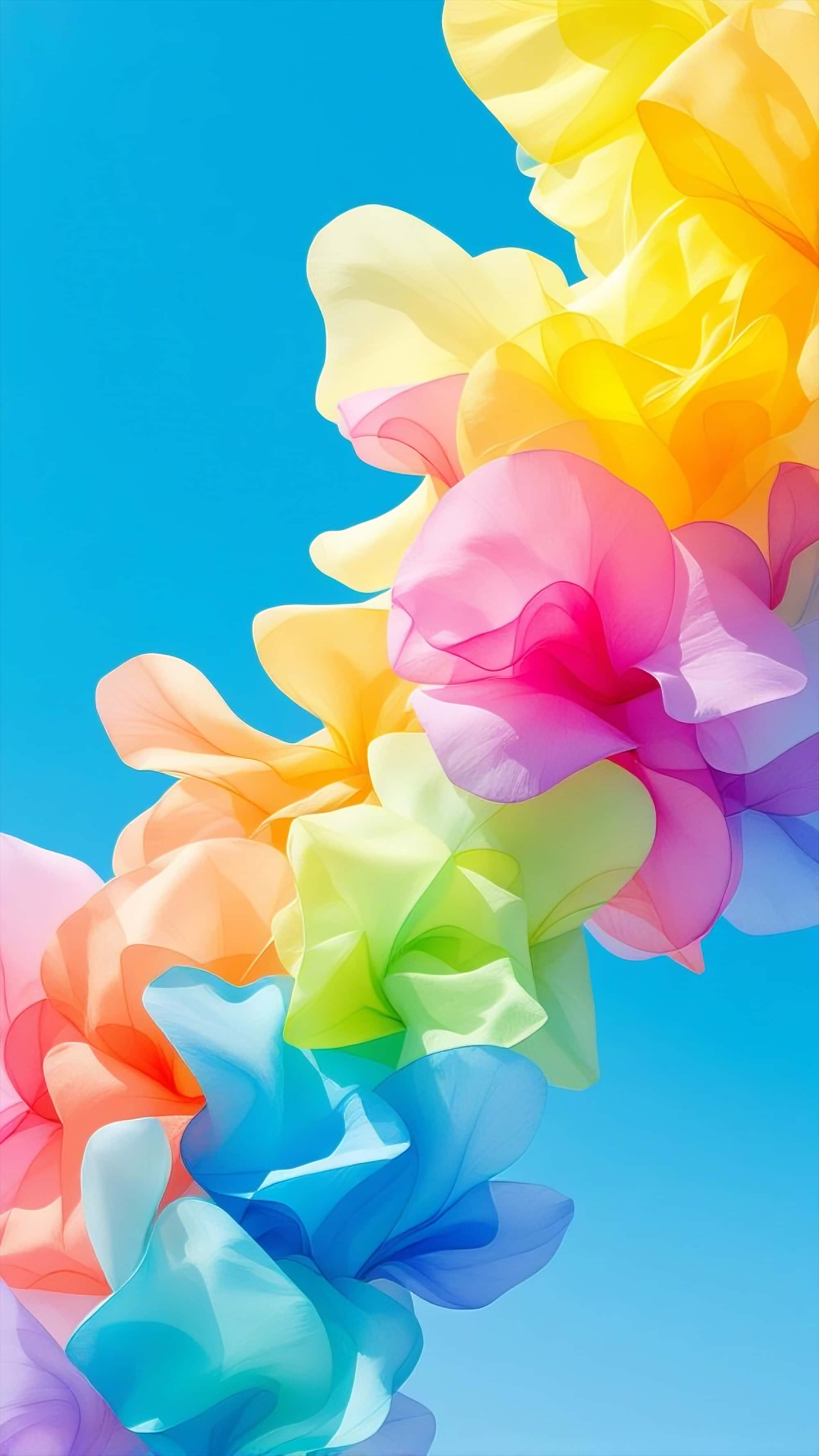 translucent fabric petals, rainbow hues, clear blue sky, 2K Phone Wallpaper