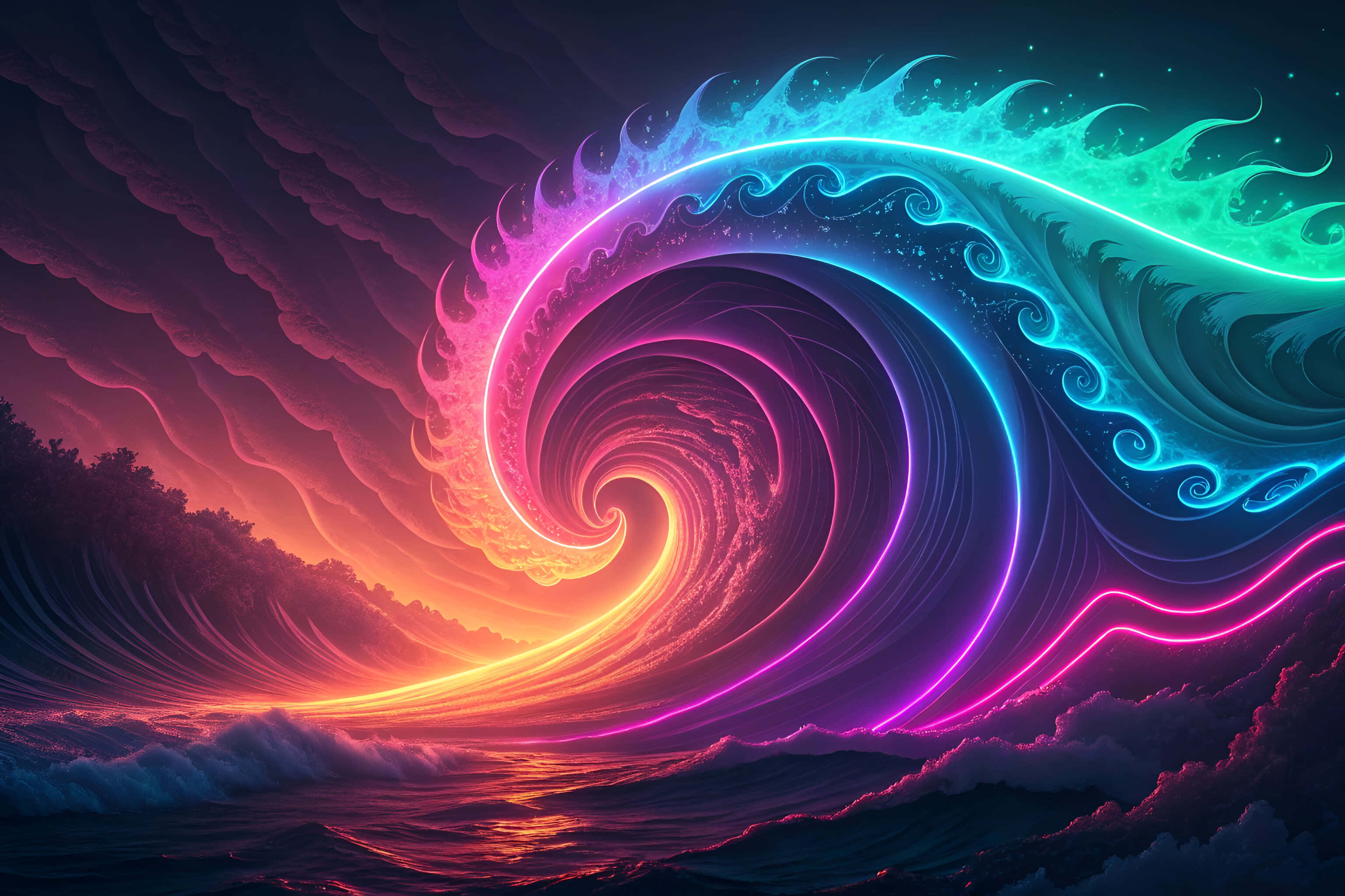 neon wave, vibrant pink blue and teal, stormy twilight sky, 2K Desktop Wallpaper