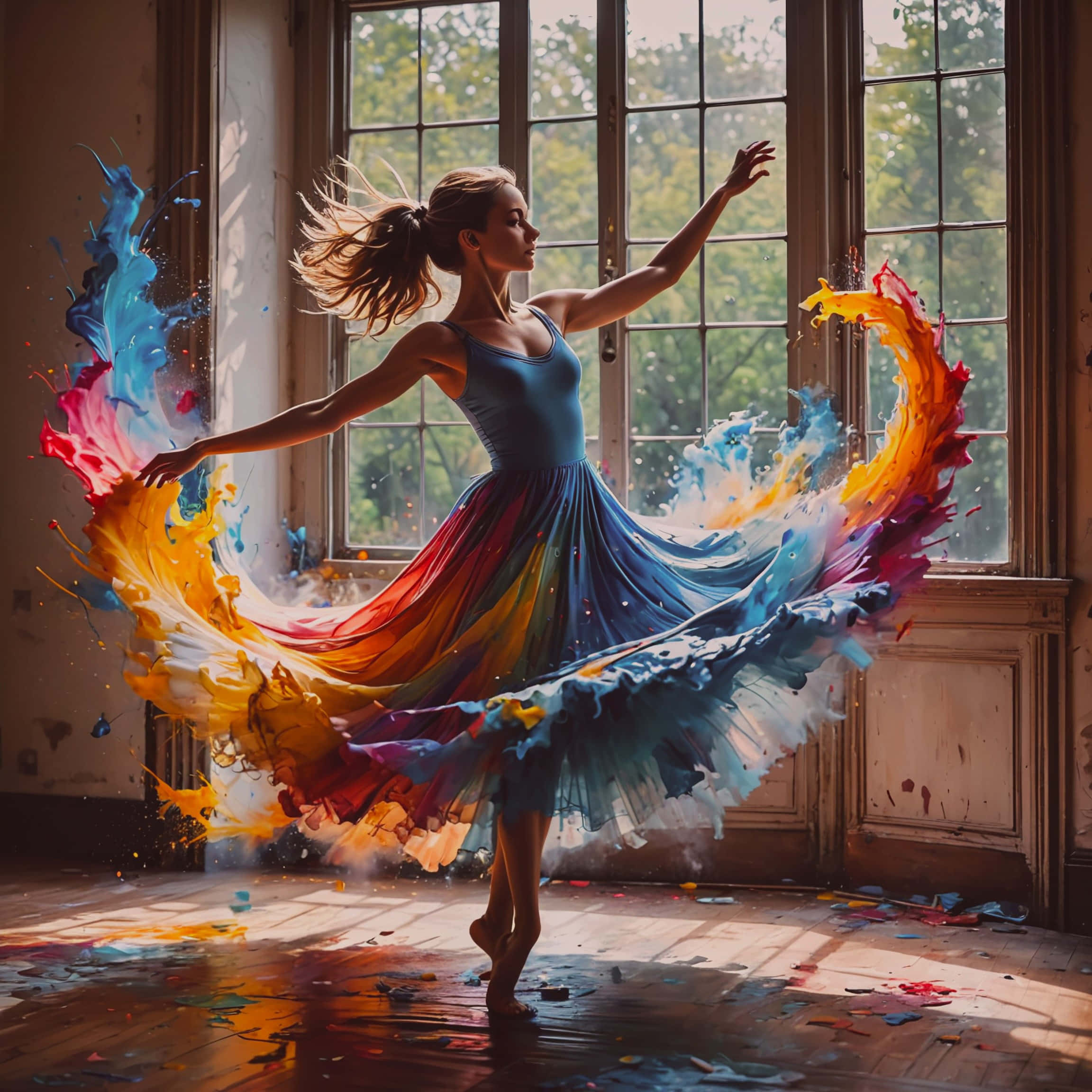 blue dress, sunlit room, vibrant paint, Full HD Desktop Wallpaper