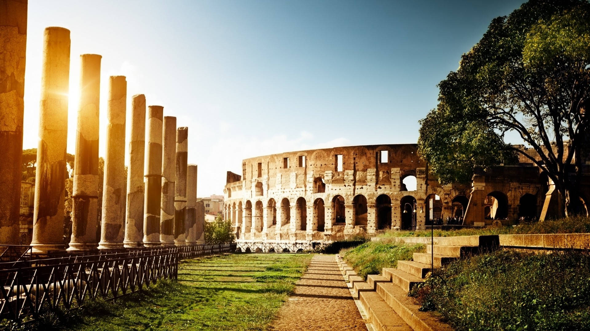 Colosseum, ancient Roman columns, Sunset, Full HD Desktop Wallpaper