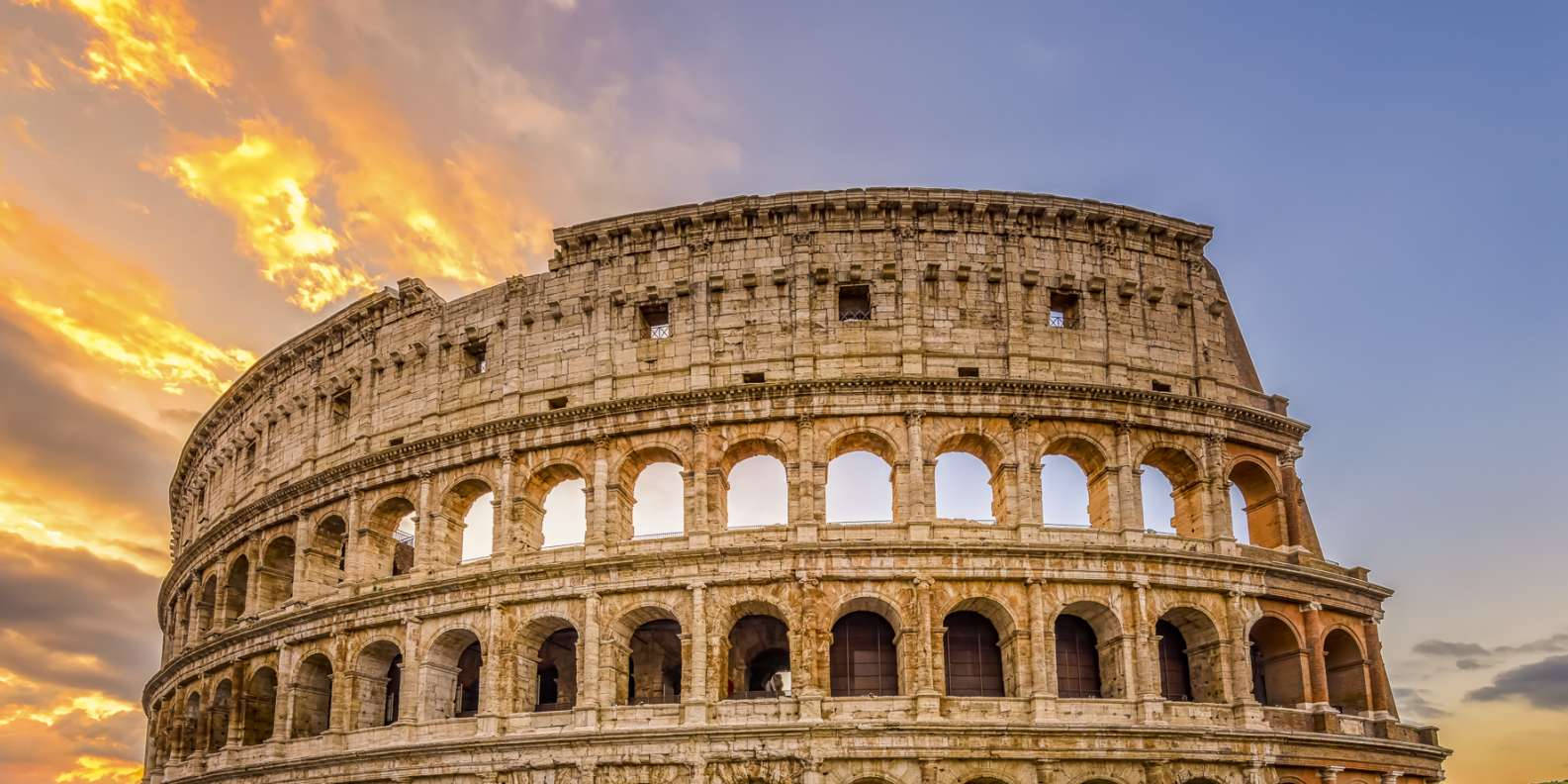 Colosseum, blue and orange sunset sky, golden clouds, HD Desktop Wallpaper