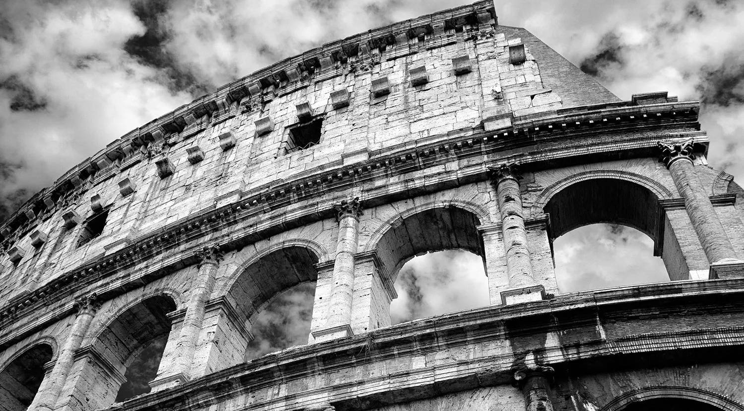 Colosseum, black and white photography, weathered stone arches, HD Desktop Wallpaper