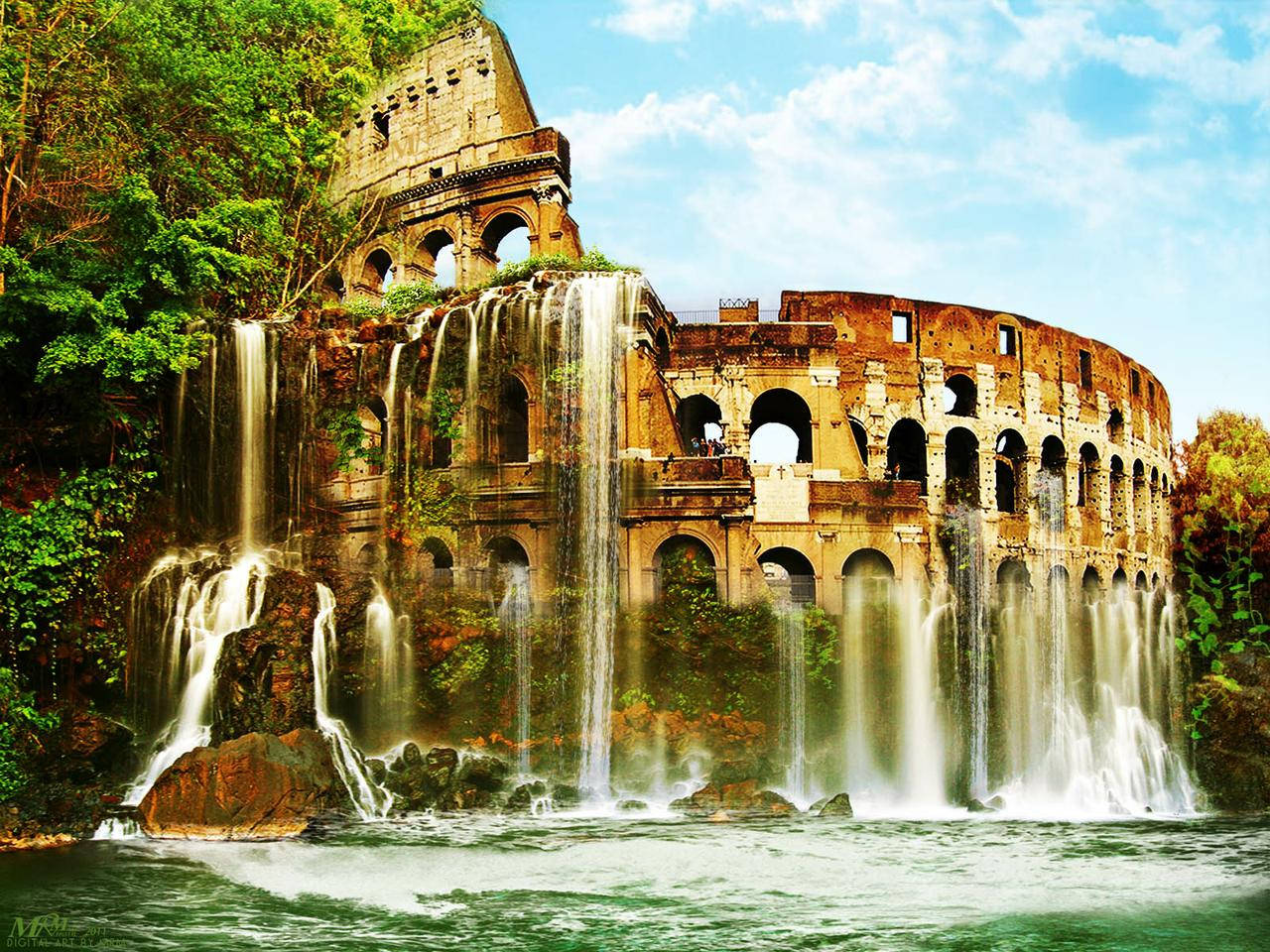 Colosseum, waterfalls, arches, HD Desktop Wallpaper