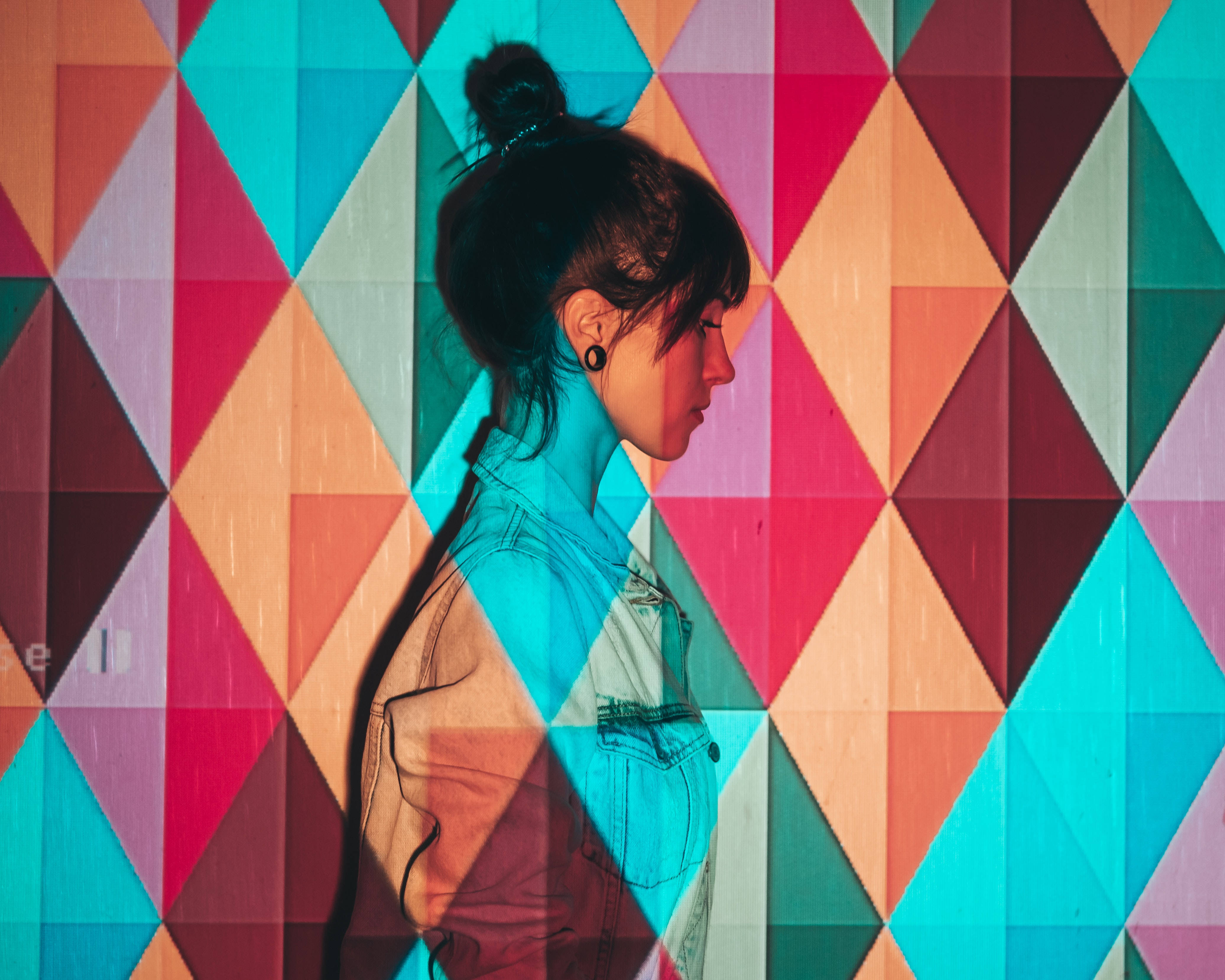 woman, colorful background, vibrant geometric wall, 4K Desktop Wallpaper