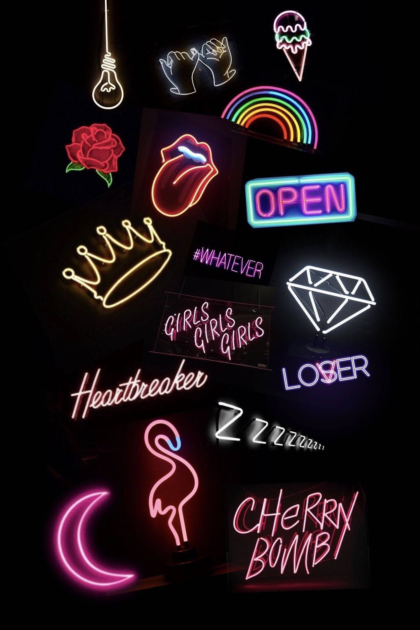 neon signs, black background, lips, Full HD Phone Wallpaper