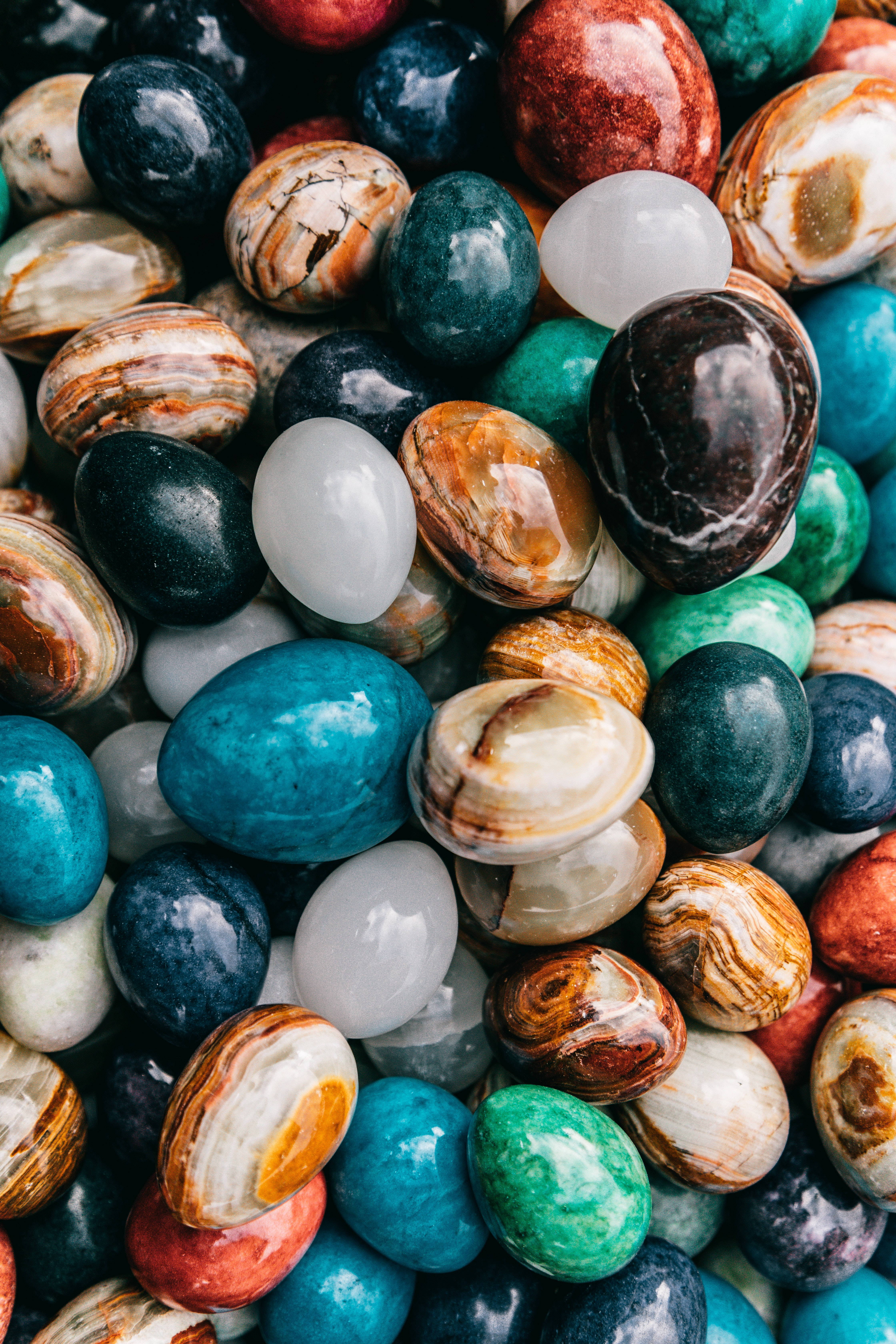 polished gemstones, vibrant blues, reds, 5K Phone Wallpaper