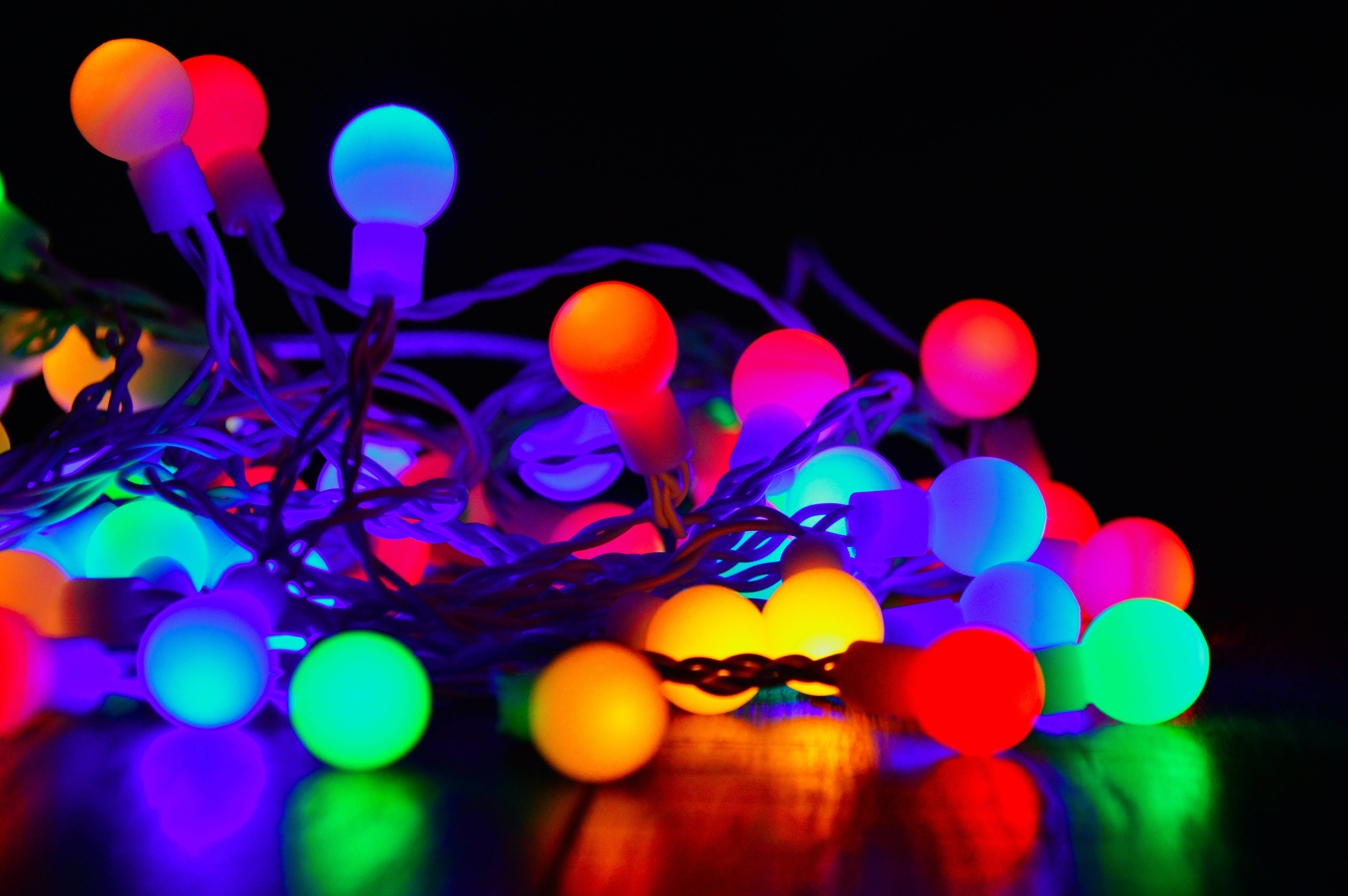 round multicolored christmas lights, colorful background, vibrant multicolored string lights, 5K Desktop Wallpaper