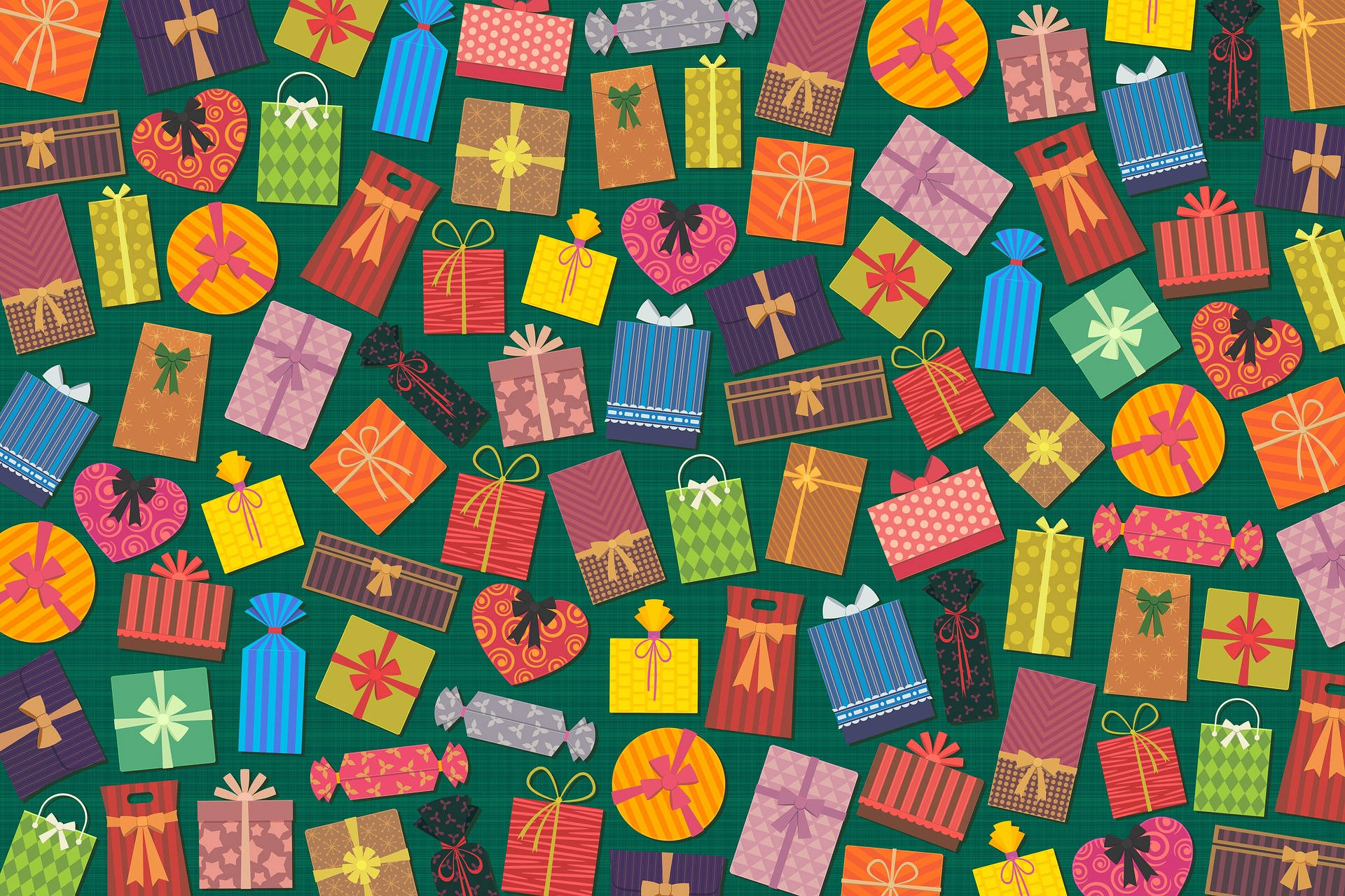 multicolored gift bags, colorful background, festive bows, Full HD Desktop Wallpaper