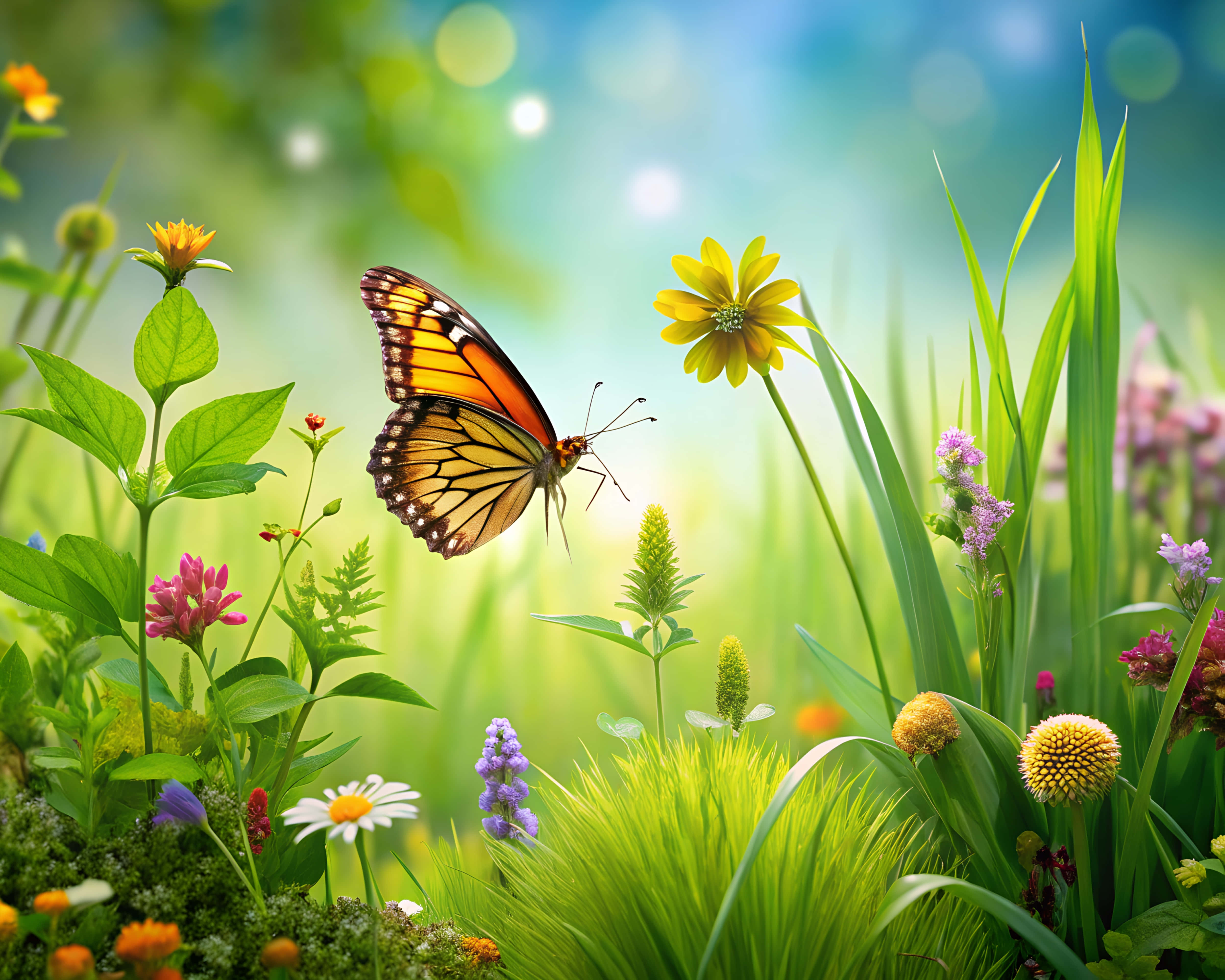 monarch butterfly, orange and black wings, yellow flower, 4K Desktop Wallpaper