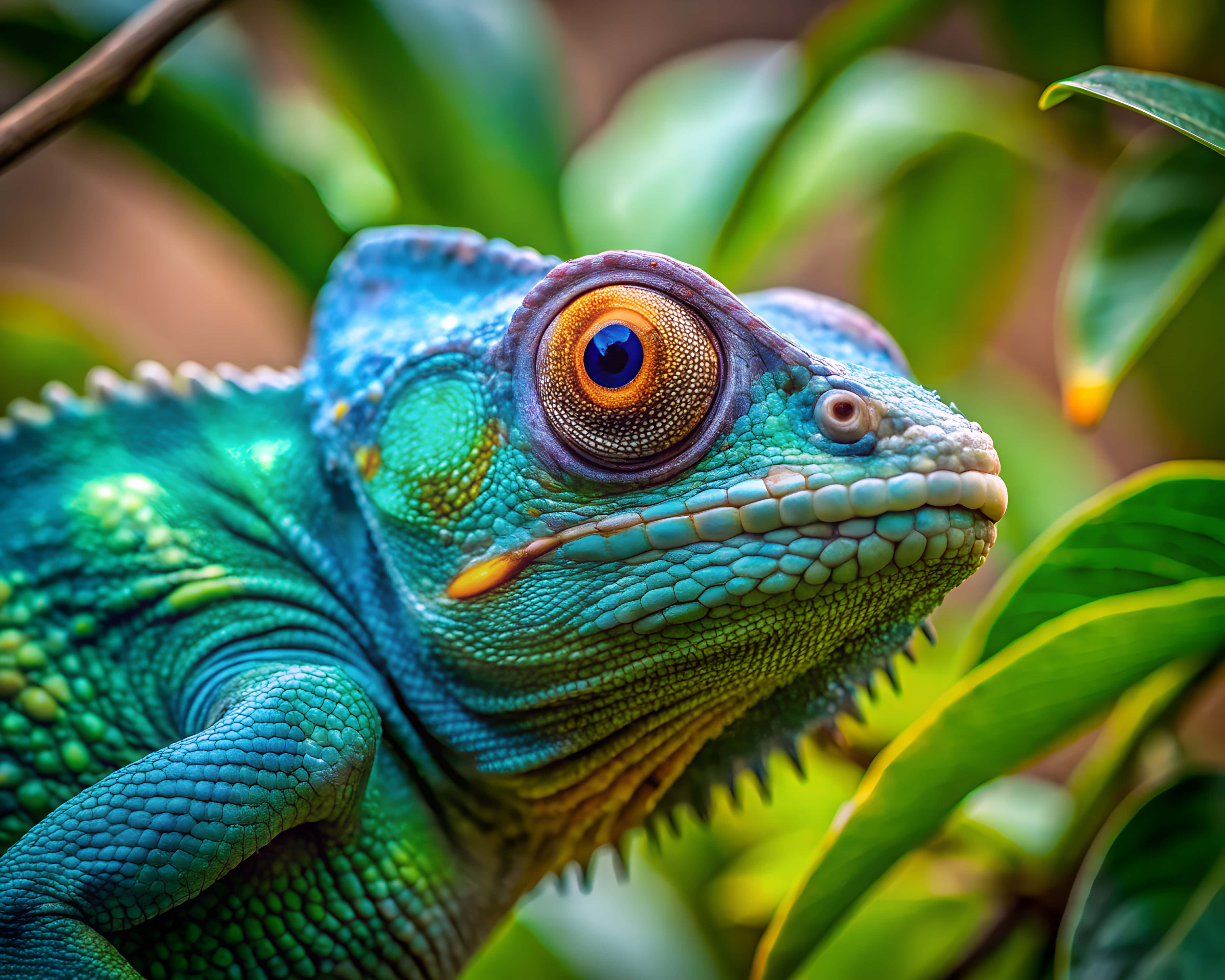 green and blue chameleon, vibrant blue, green leaves, 4K Desktop Wallpaper
