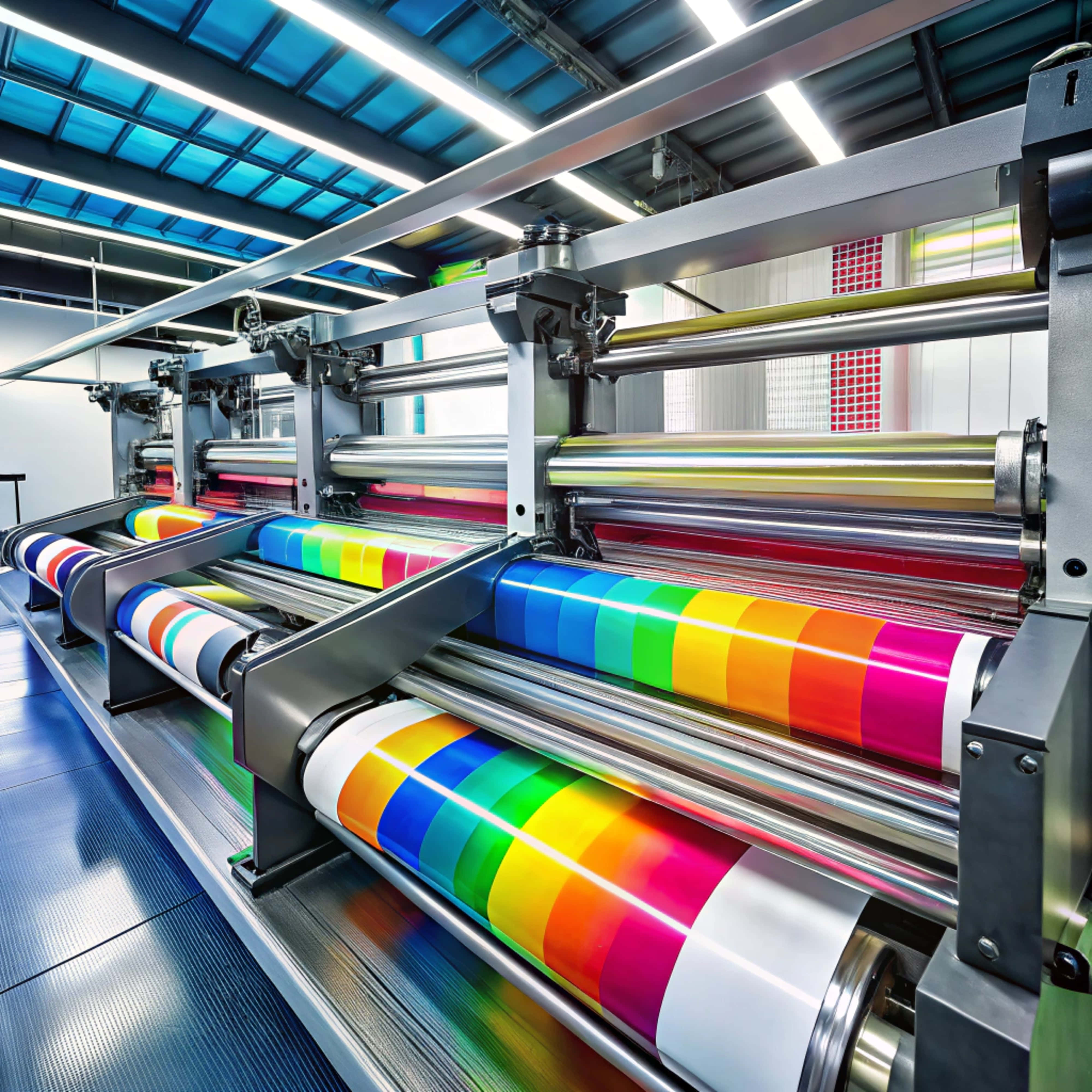 modern industrial printing press, vibrant rainbow colored ink rolls, bright fluorescent lights, 4K Desktop Wallpaper