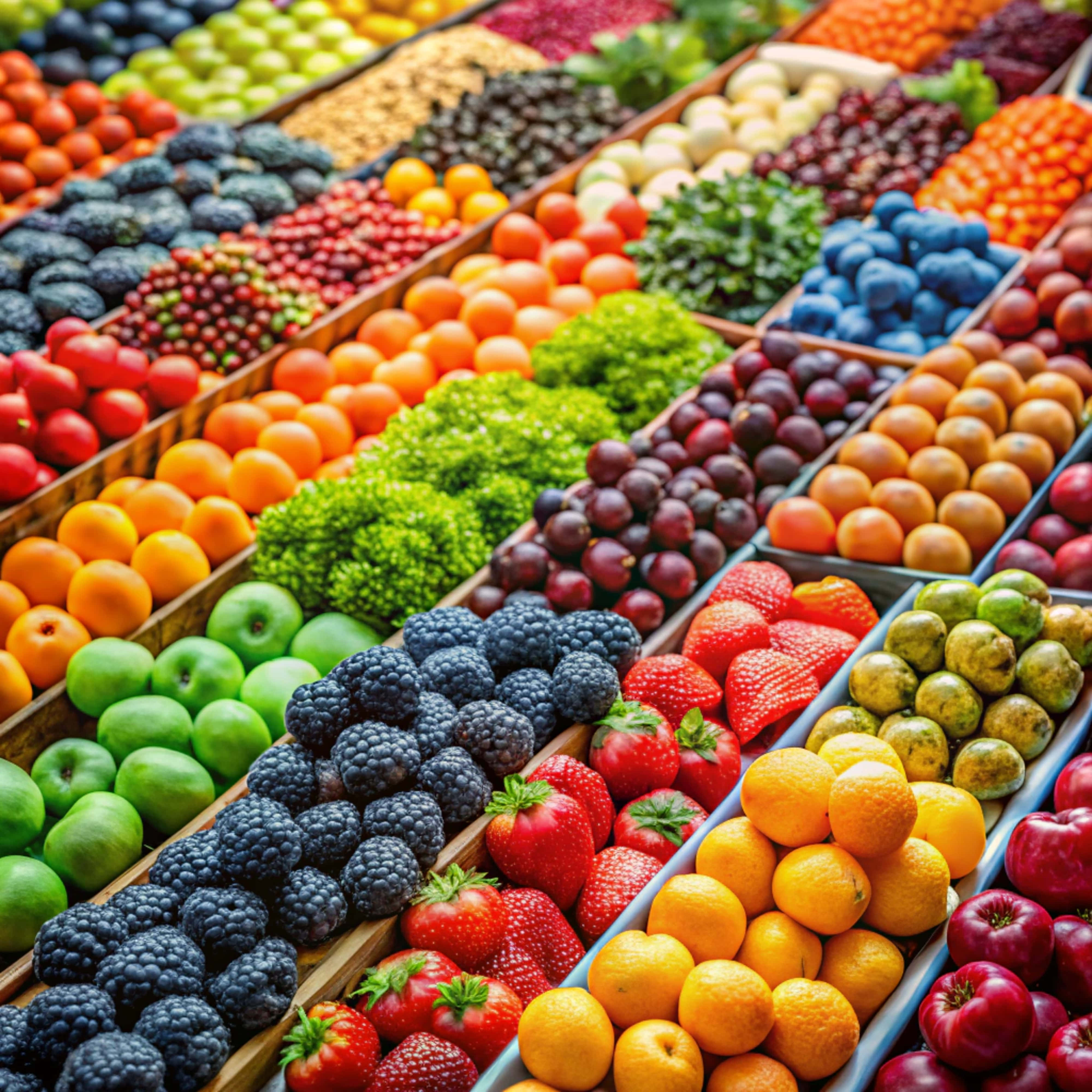 colorful fruit, vibrant rows, assorted fresh fruits and vegetables, 4K Desktop Wallpaper