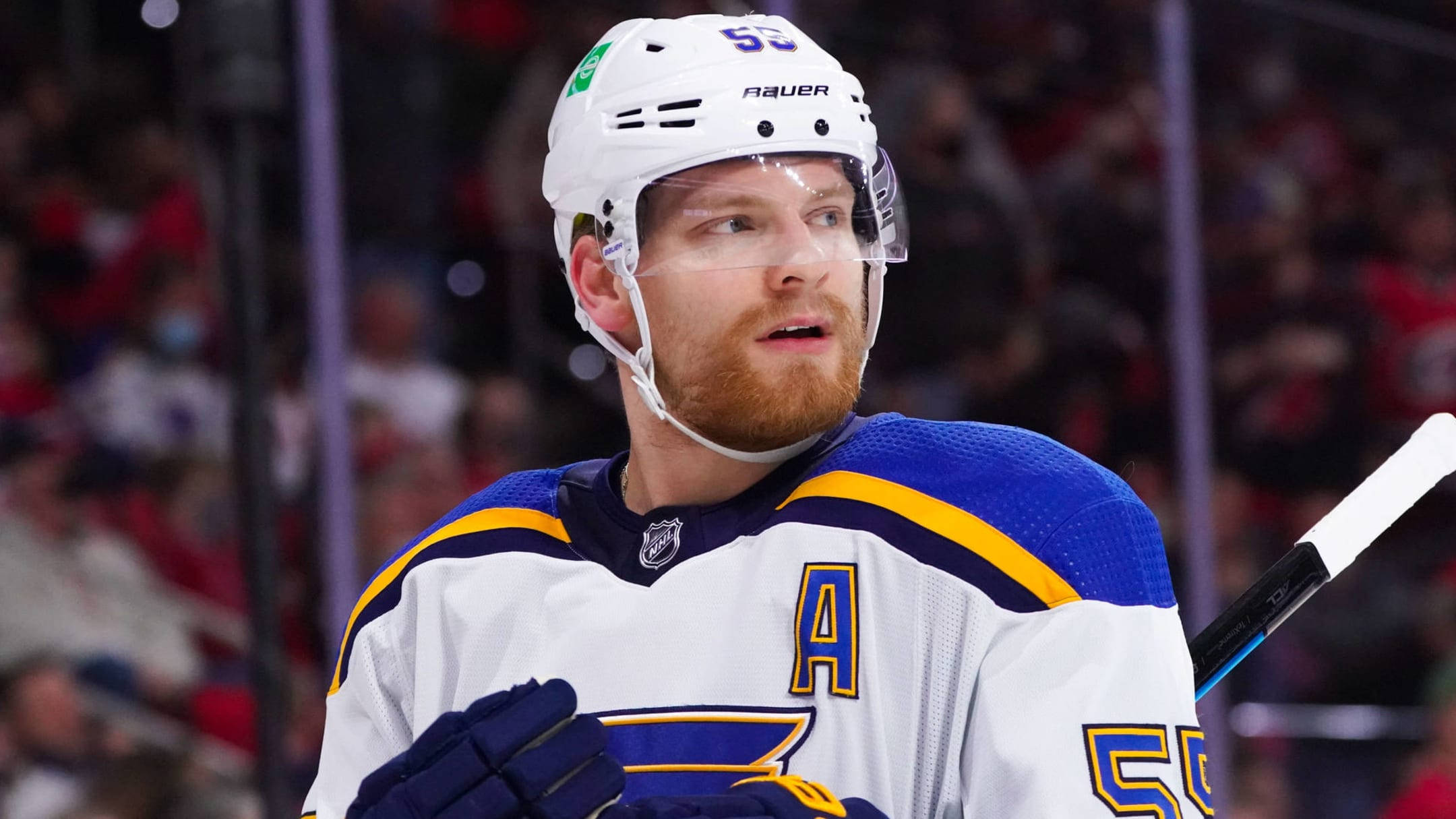 Colton Parayko, defenseman, white blue and gold uniform, Full HD Desktop Wallpaper