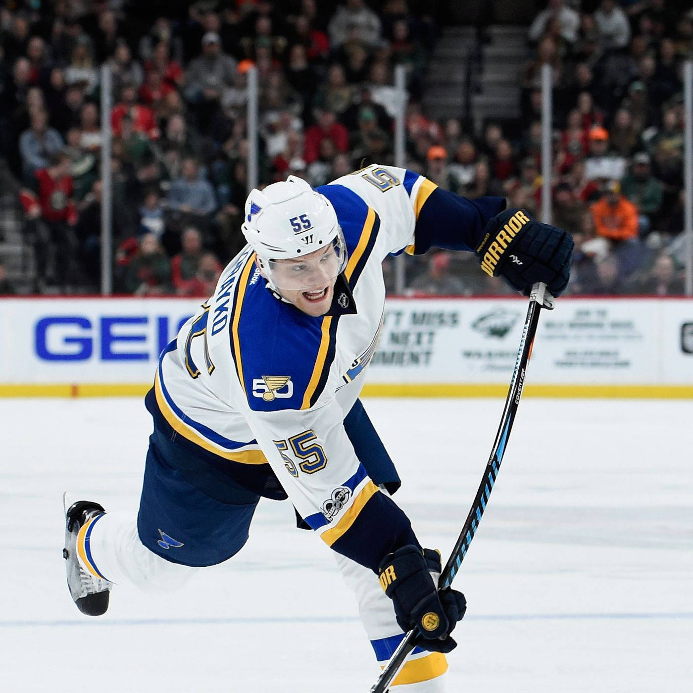 Colton Parayko, hockey stick, blue and white uniform, HD Desktop Wallpaper