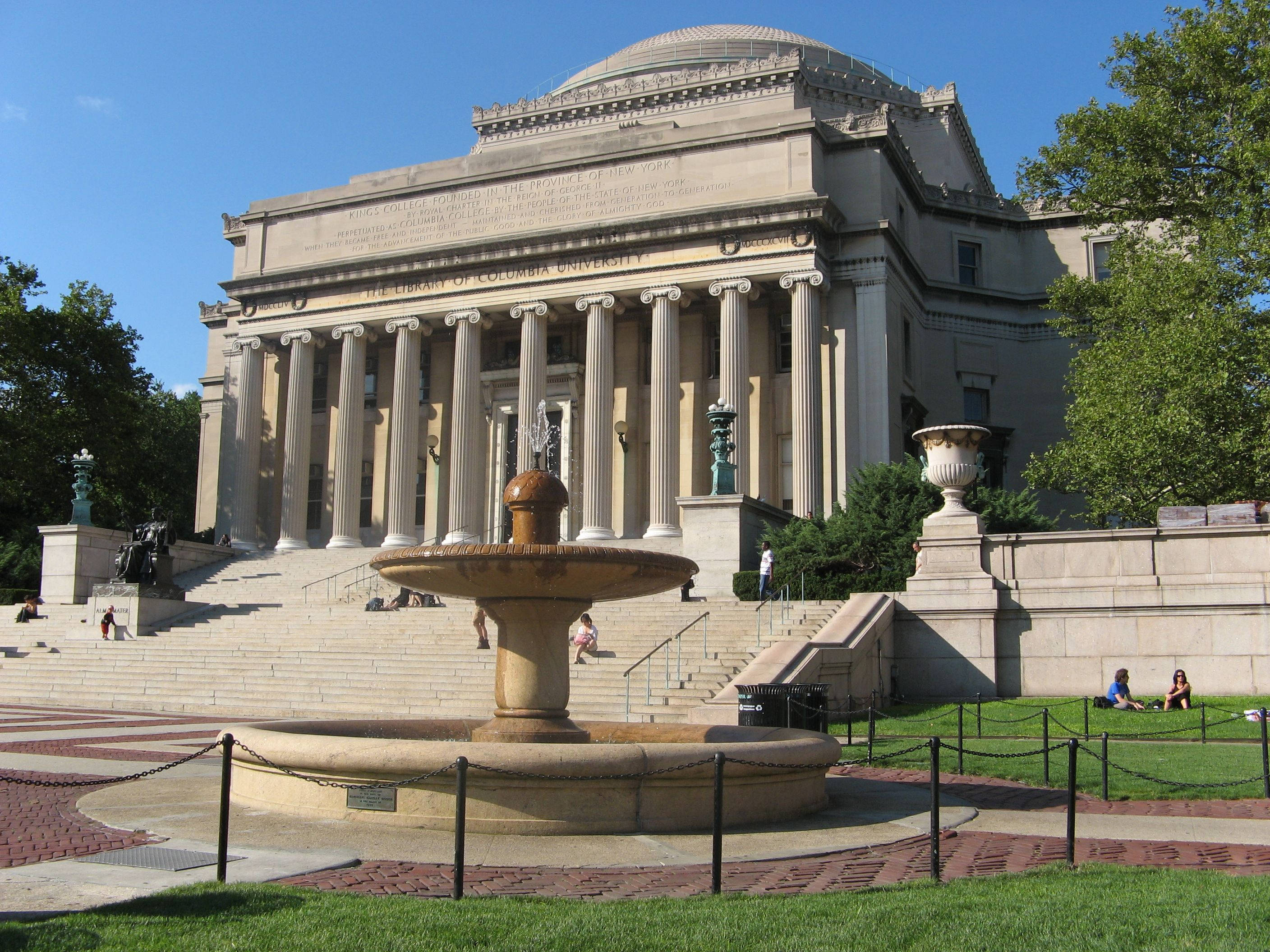 Columbia University, fences, fountain, 2K Desktop Wallpaper