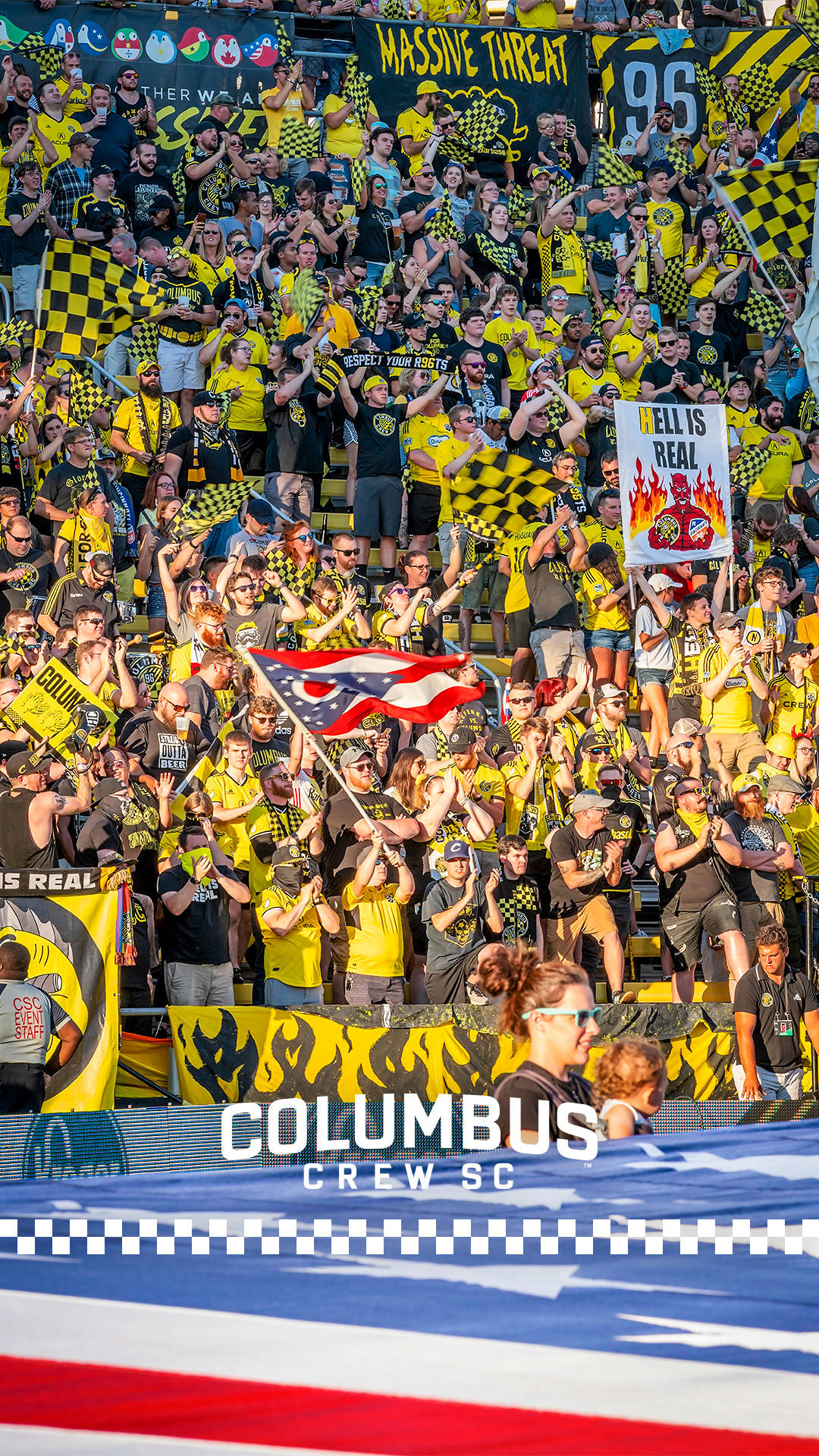 Columbus Crew, yellow jerseys, checkered flags, Full HD Phone Wallpaper