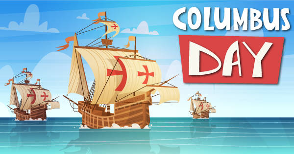 COLUMBUS DAY, cartoon sailing ships, red crosses on sails, SD Desktop Wallpaper