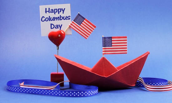 Happy Columbus Day, red paper boat, American flags, SD Desktop Wallpaper