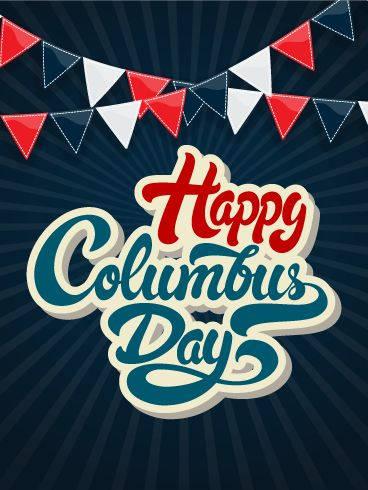 Happy Columbus Day, red white and blue bunting flags, dark blue radial background, SD Phone Wallpaper