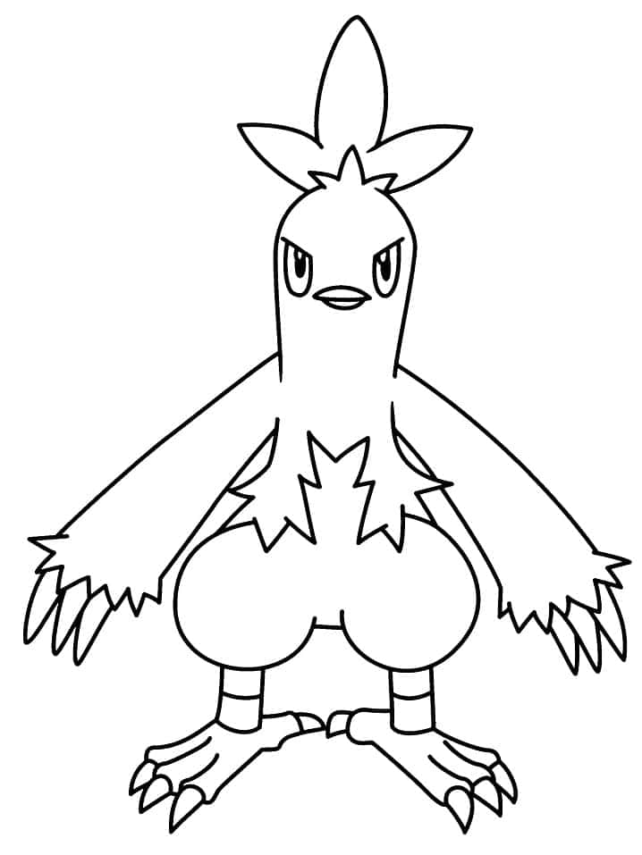 Combusken, black and white line drawing, cartoon bird-like creature, SD Phone Wallpaper