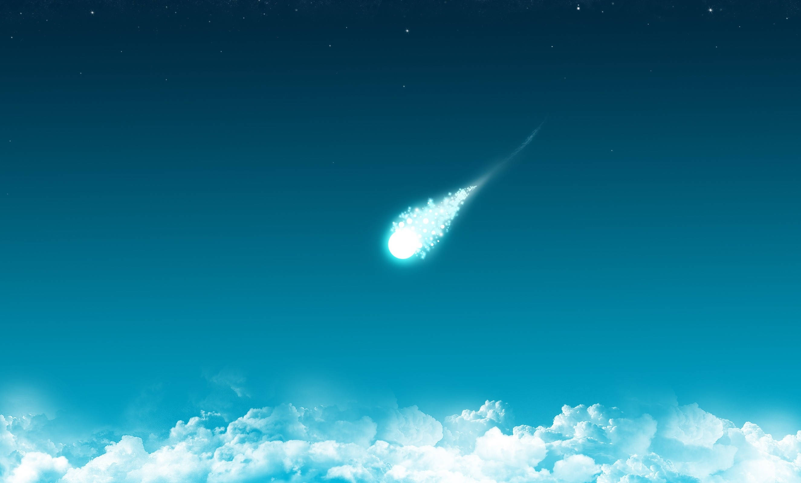 comet, teal sky, fluffy white clouds, 2K Desktop Wallpaper