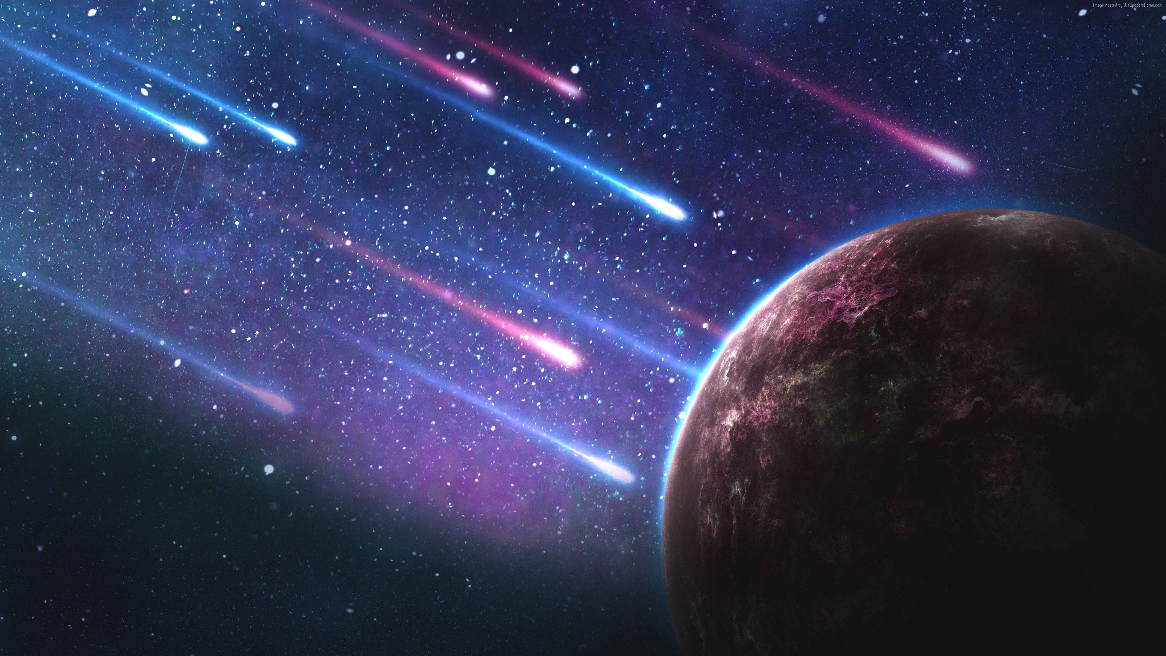 4K Earth Comets, dark planet, glowing purple and blue streaks, 4K Desktop Wallpaper