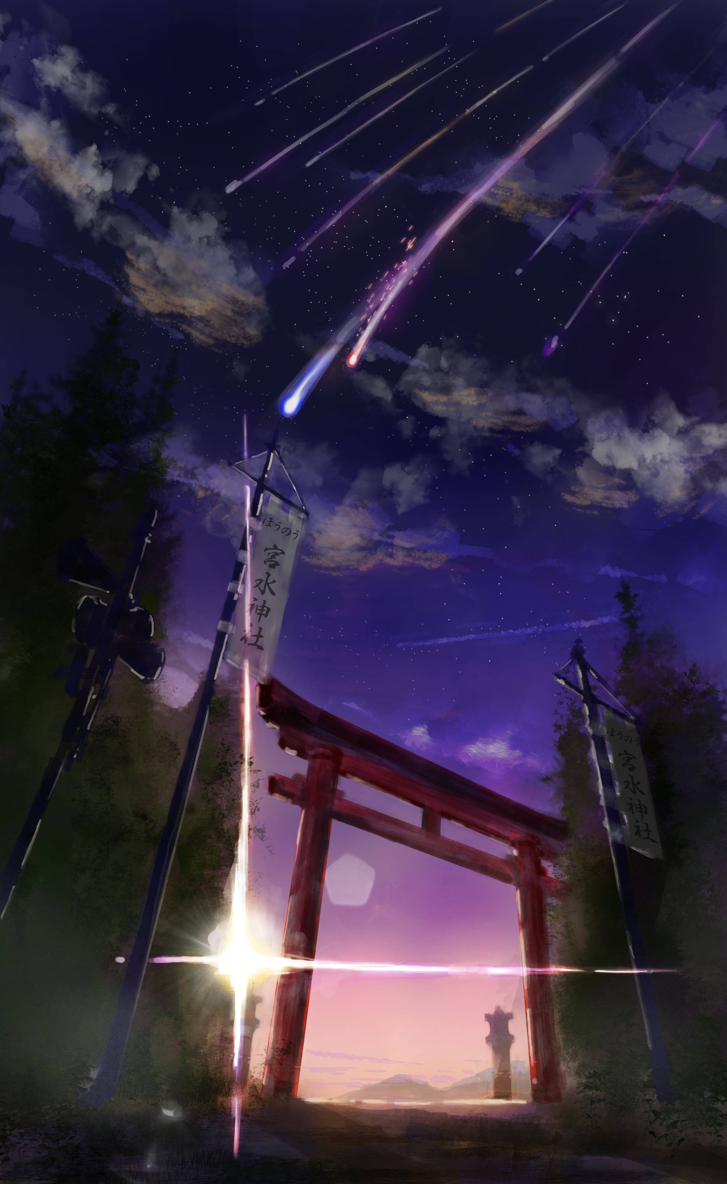 comet, torii gate, starry night sky, 4K Phone Wallpaper